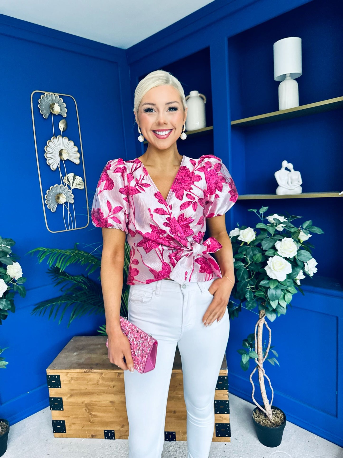 Miah Puff Sleeve Wrap Jacquard Top Fuchsia