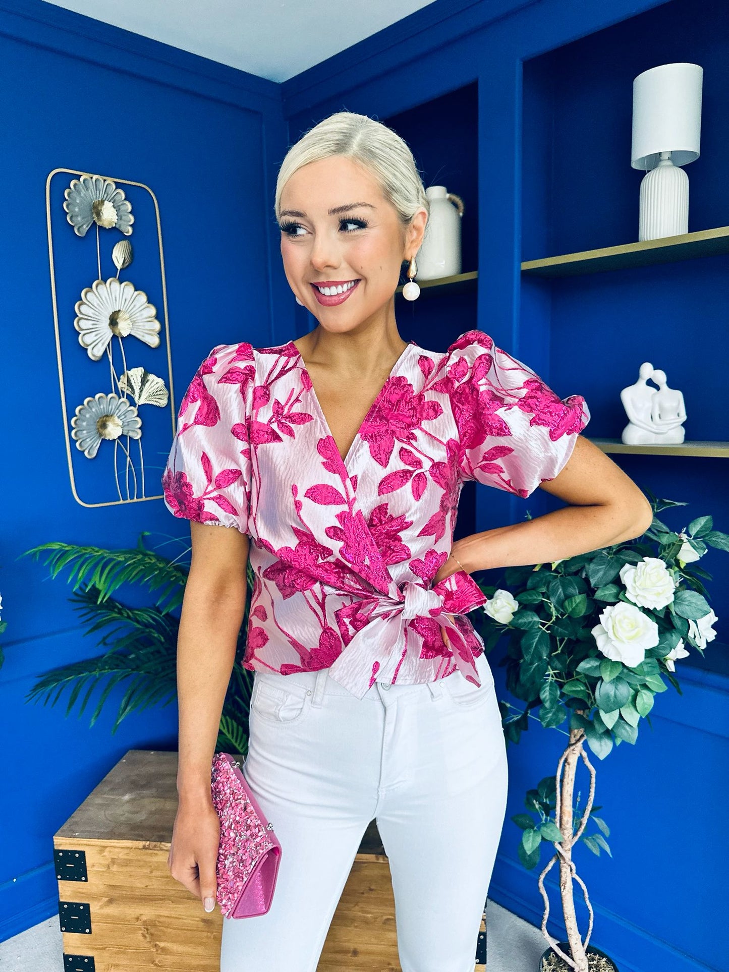 Miah Puff Sleeve Wrap Jacquard Top Fuchsia
