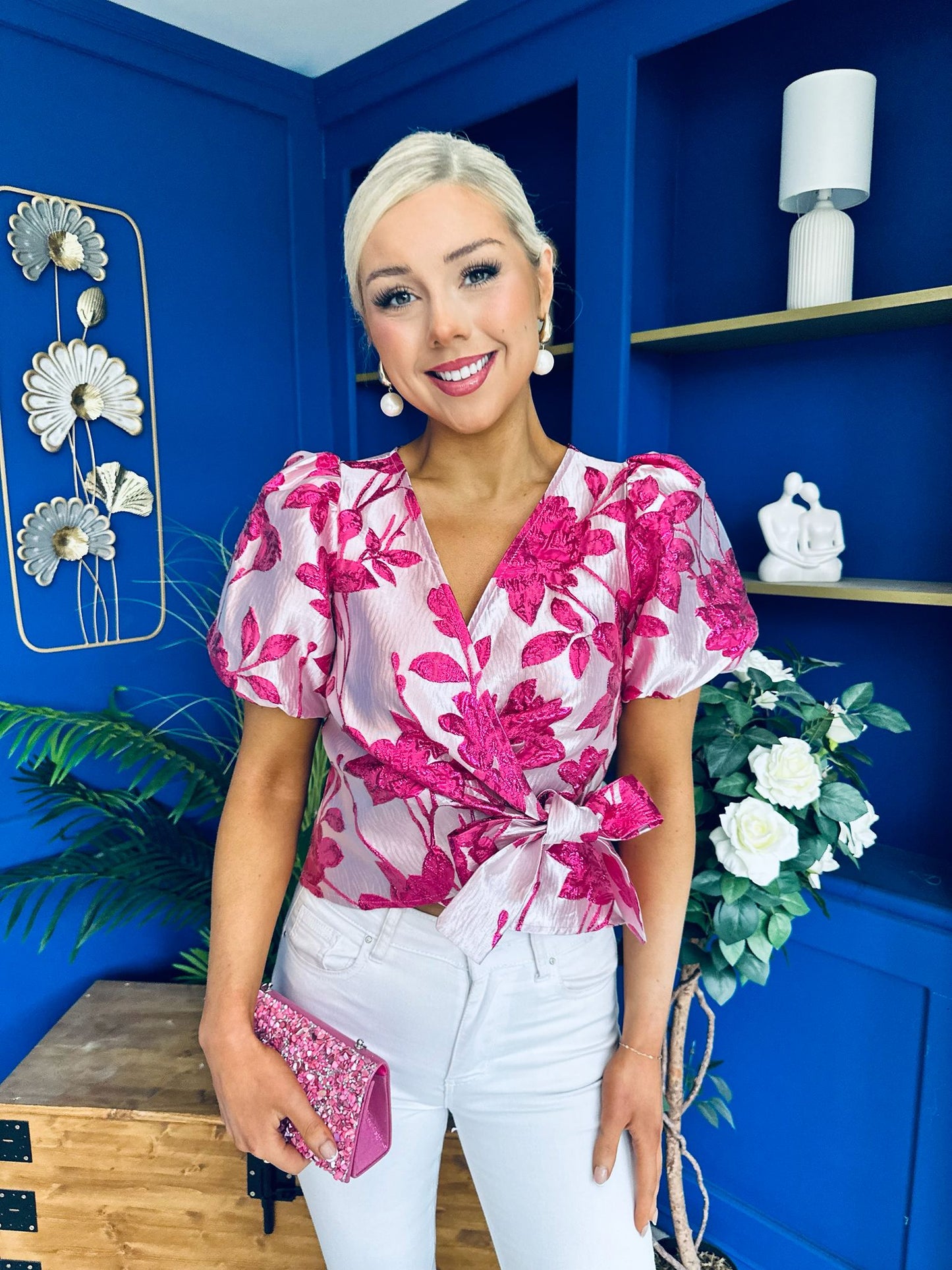 Miah Puff Sleeve Wrap Jacquard Top Fuchsia