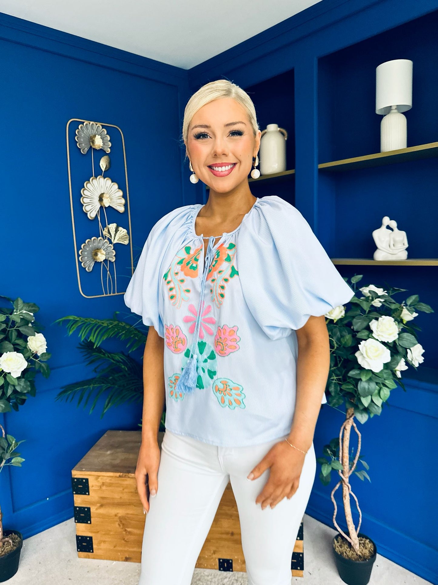 Tiana Embroidered Top Blue