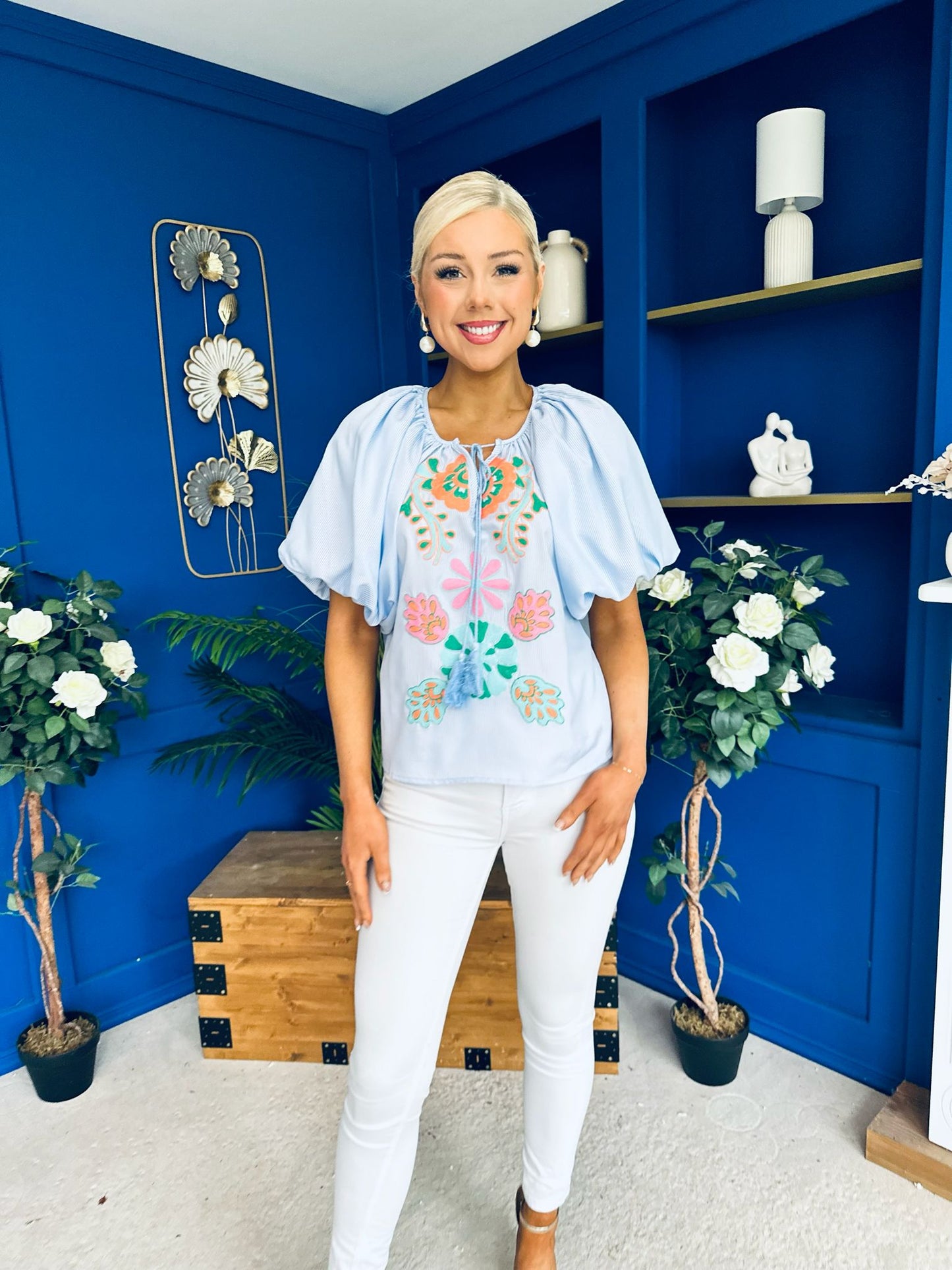 Tiana Embroidered Top Blue
