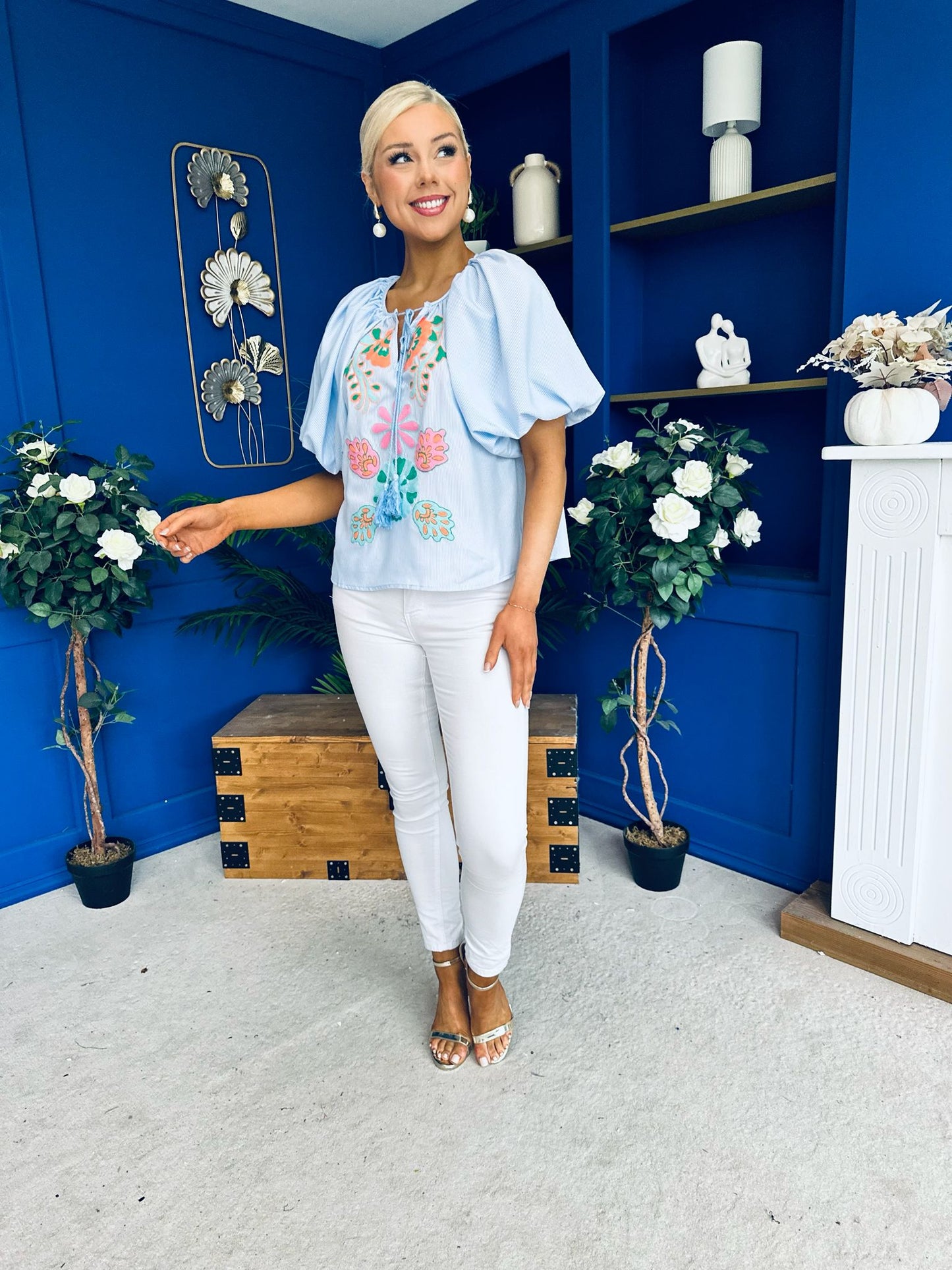 Tiana Embroidered Top Blue
