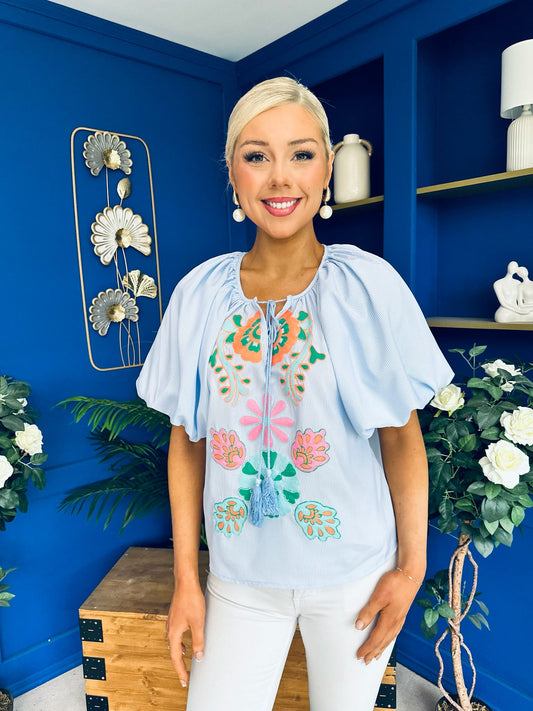 Tiana Embroidered Top Blue