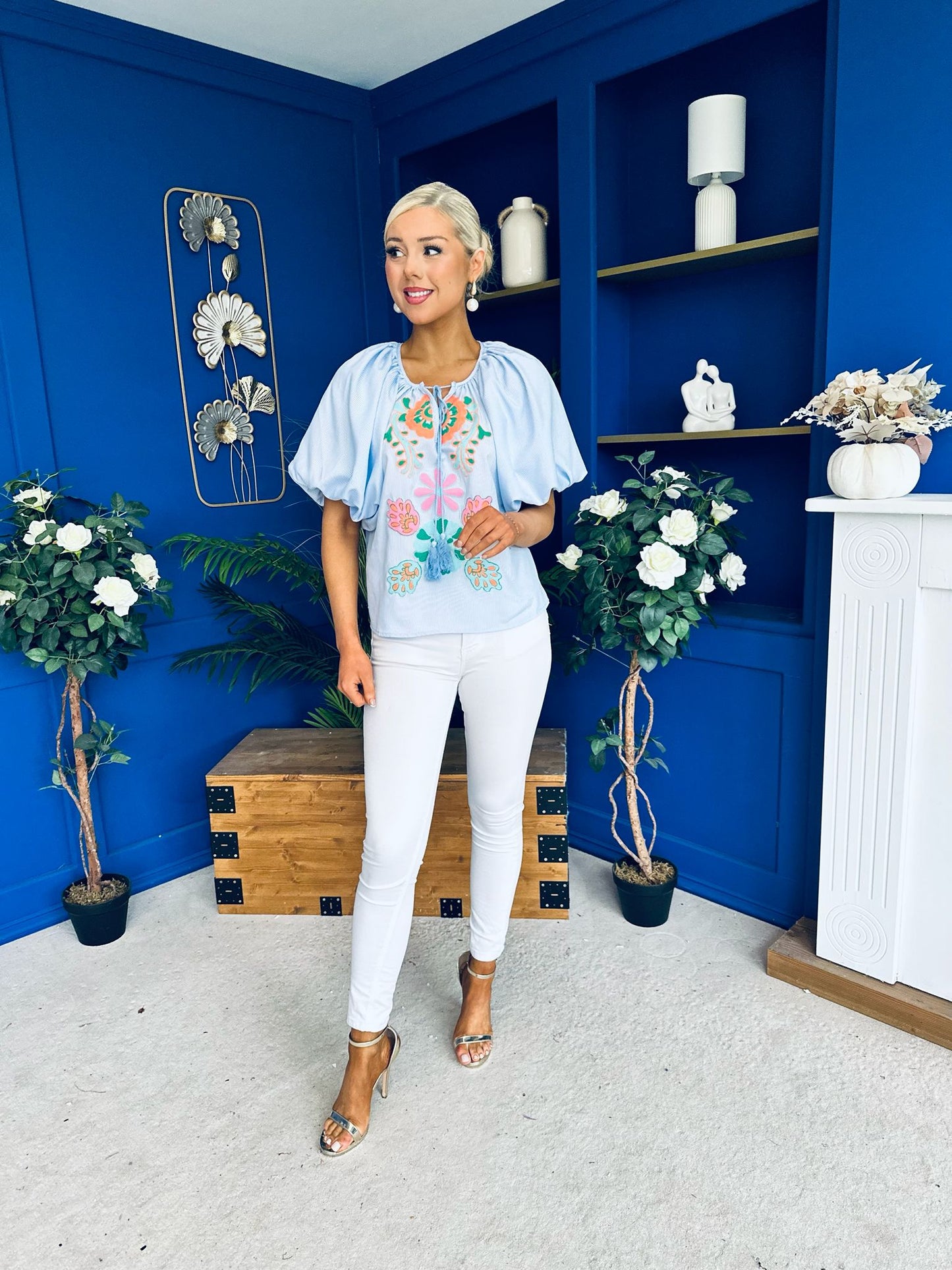 Tiana Embroidered Top Blue