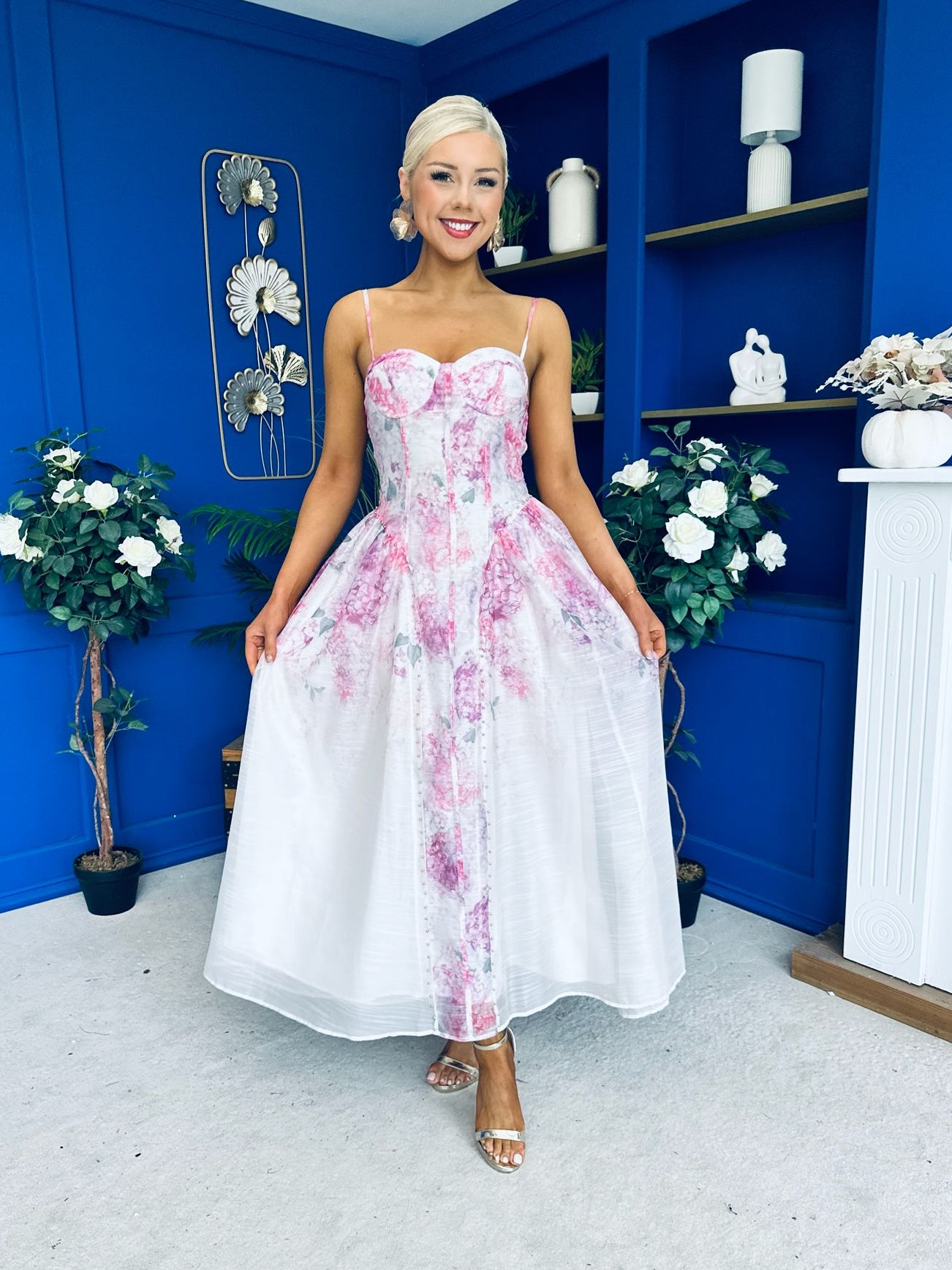 white floral dress formal Silver Prom Dresses Women's Dress Floral Appliques 3/4 Sleeve A-Line P main image 1