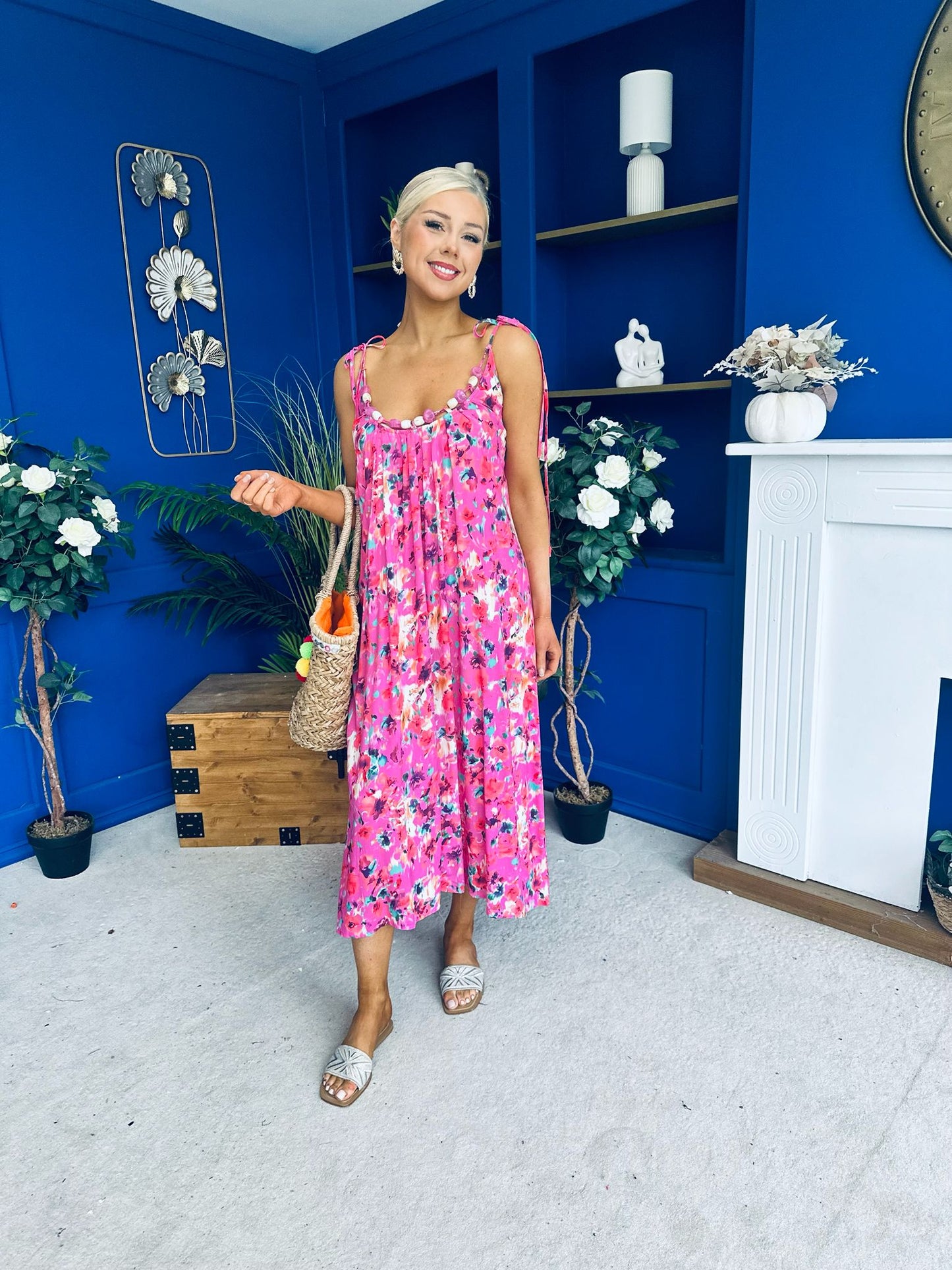 Niky Beaded Maxi Midi Dress Floral Cerise
