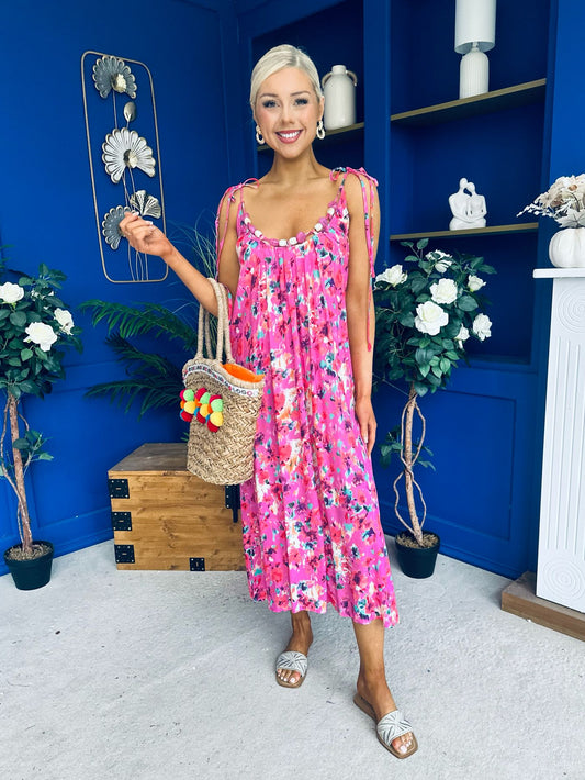 Niky Beaded Maxi Midi Dress Floral Cerise
