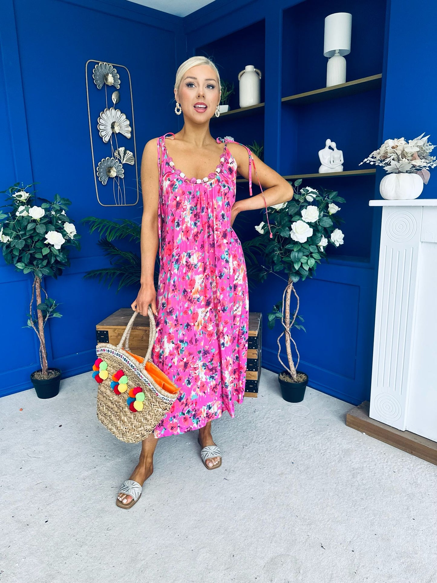 Niky Beaded Maxi Midi Dress Floral Cerise