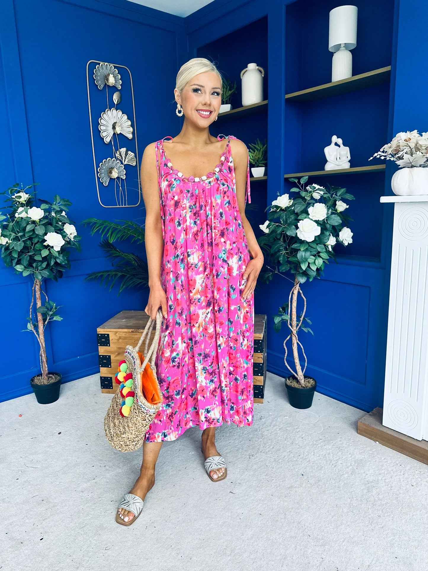 Niky Beaded Maxi Midi Dress Floral Cerise