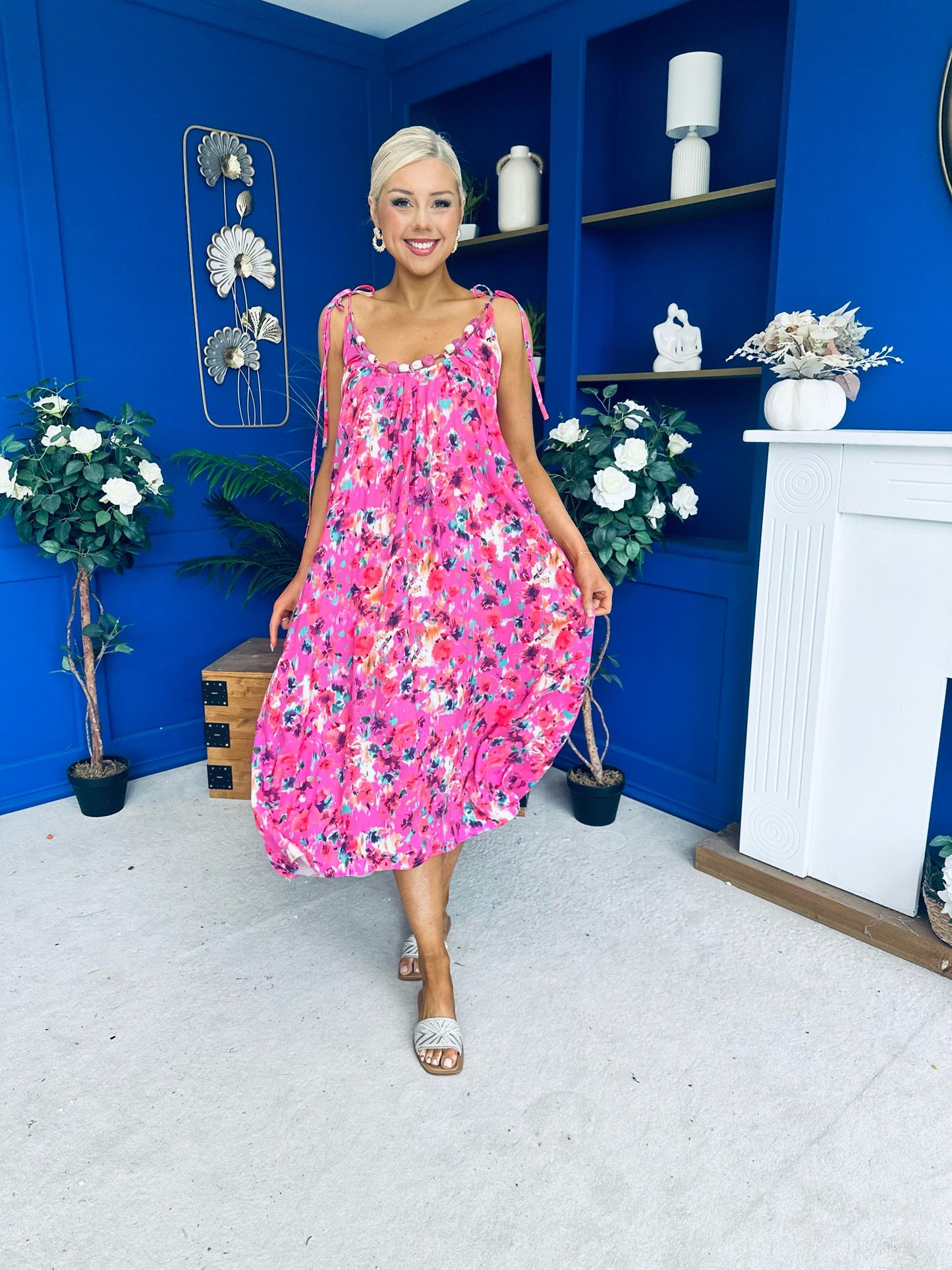 Niky Beaded Maxi Midi Dress Floral Cerise