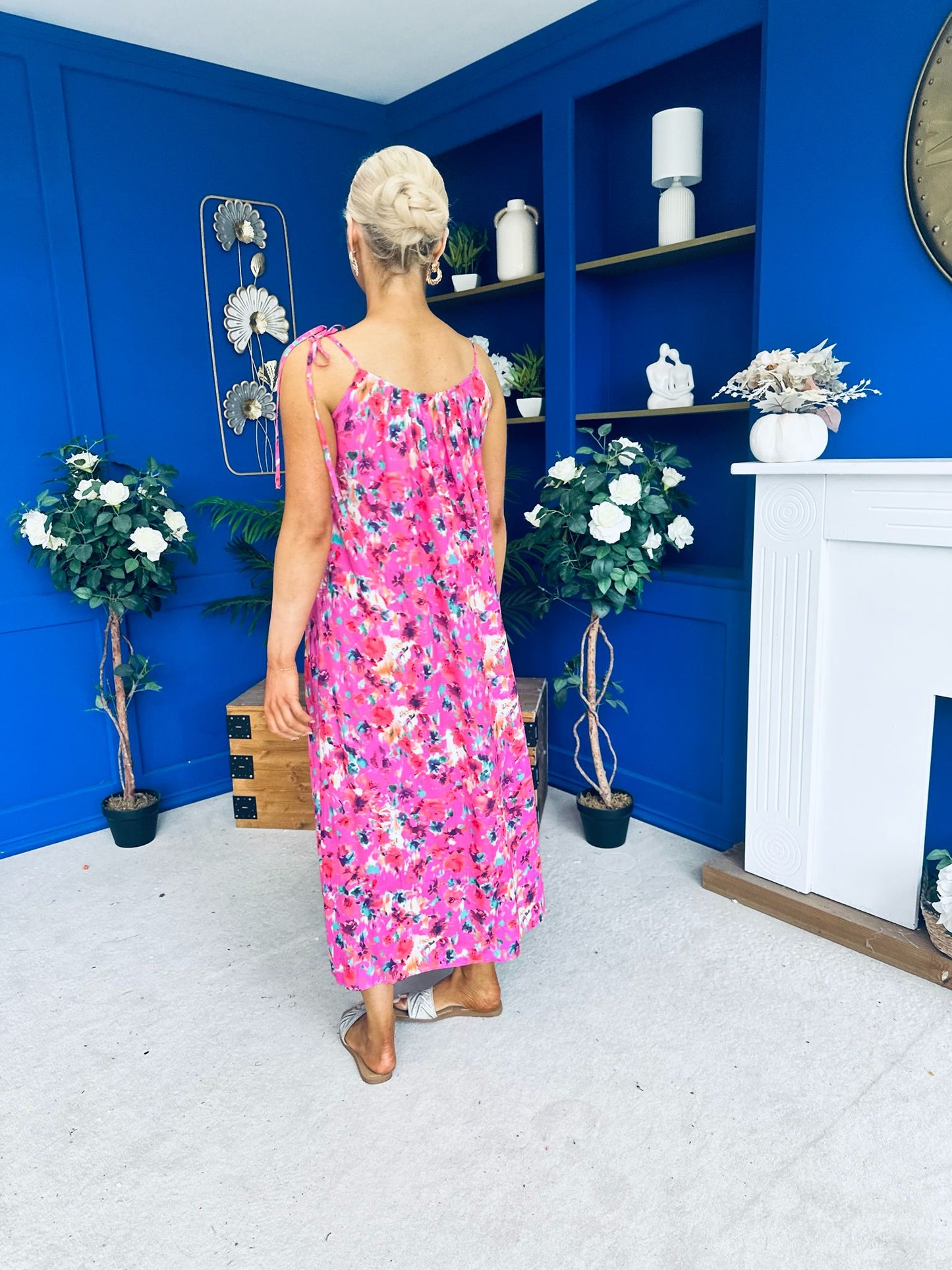 Niky Beaded Maxi Midi Dress Floral Cerise