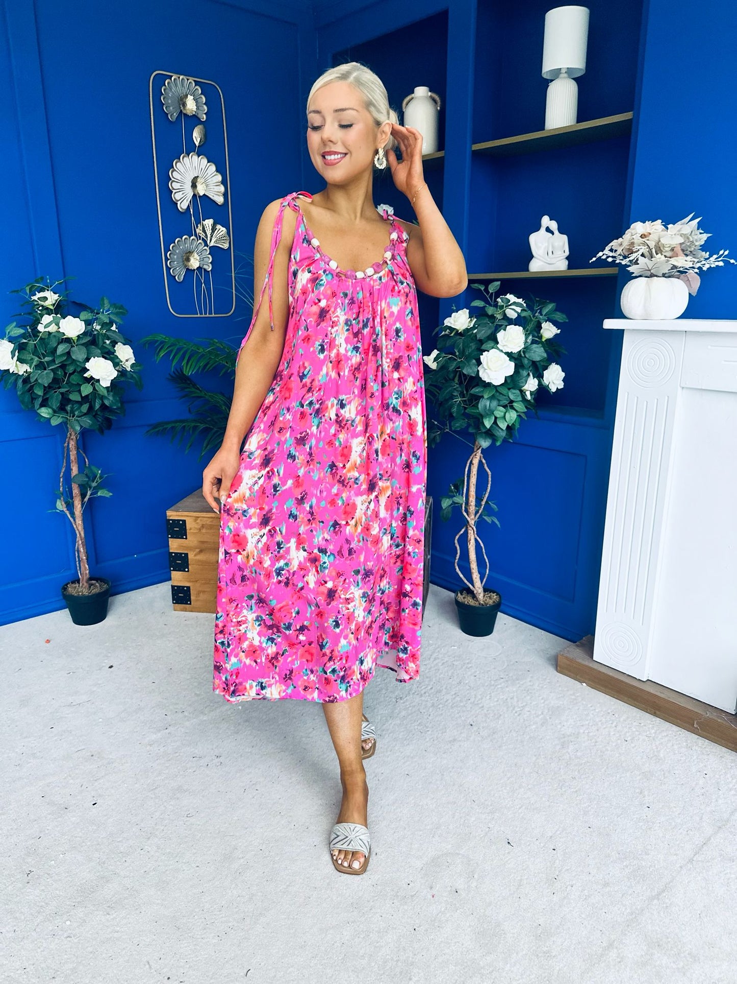 Niky Beaded Maxi Midi Dress Floral Cerise