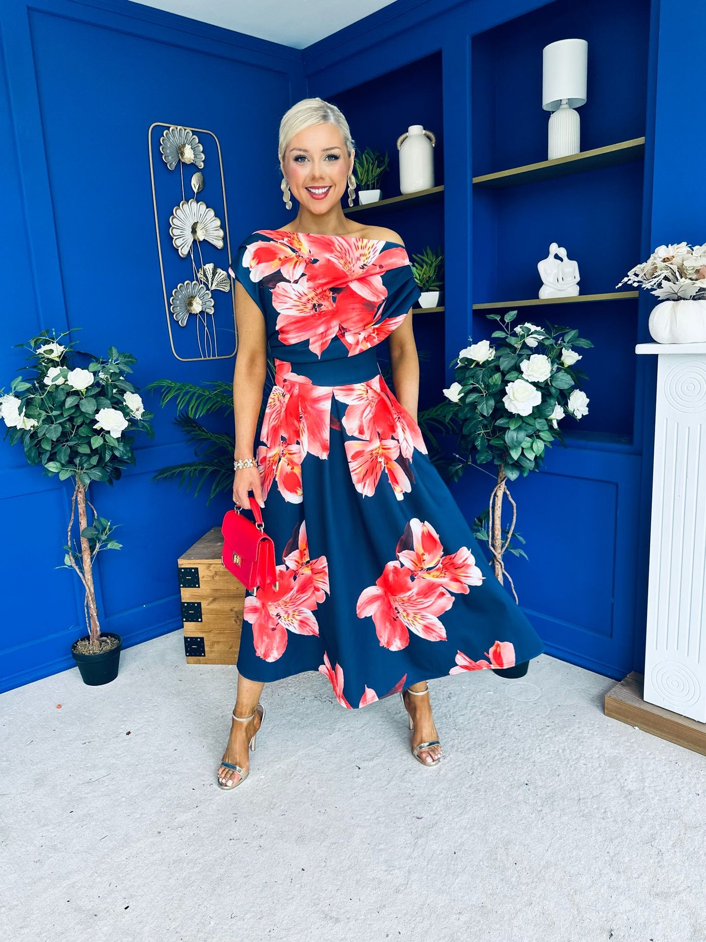 Breffy Asymmetric Neckline Skater Midi Floral Navy