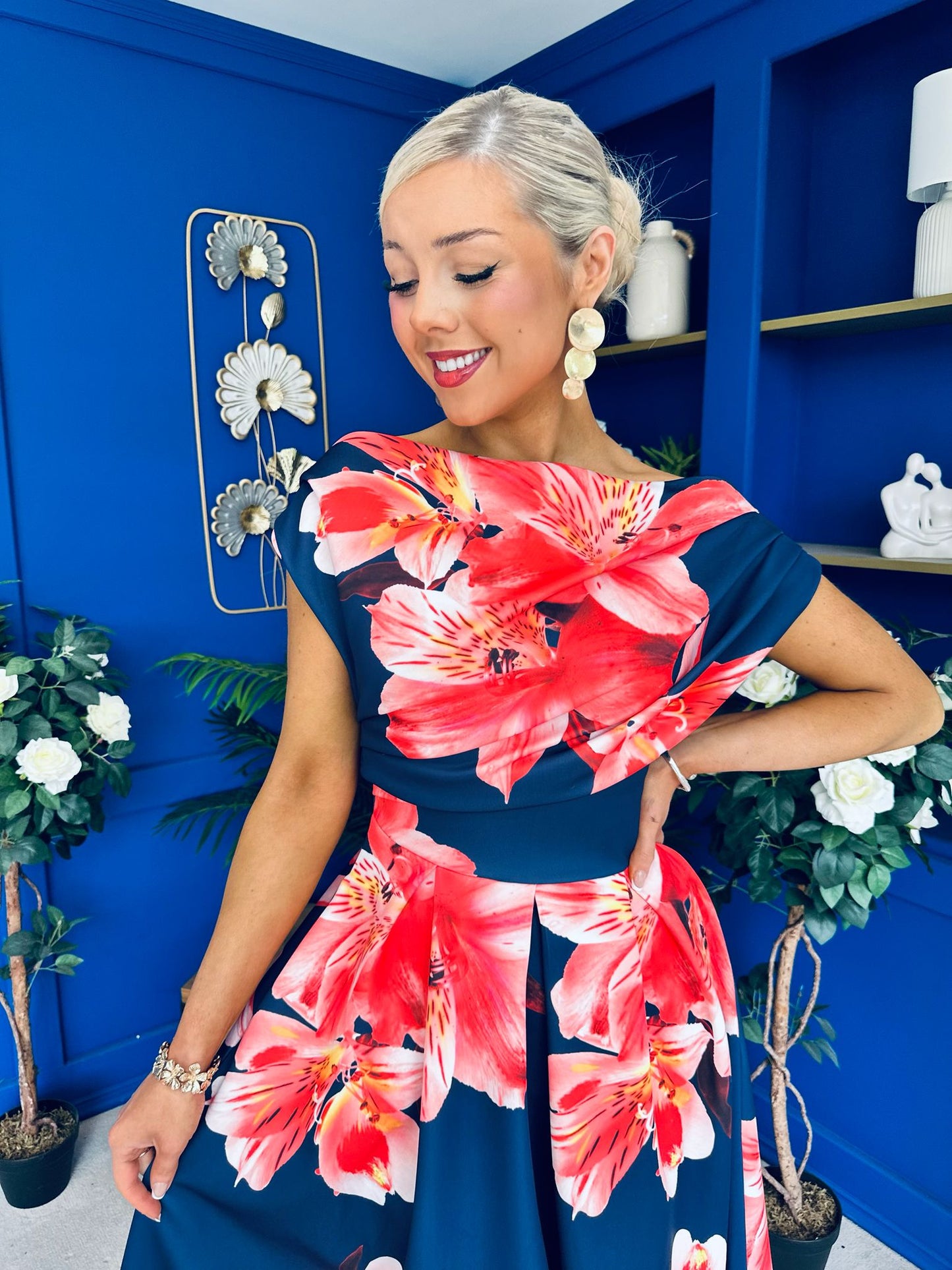Breffy Asymmetric Neckline Skater Midi Floral Navy