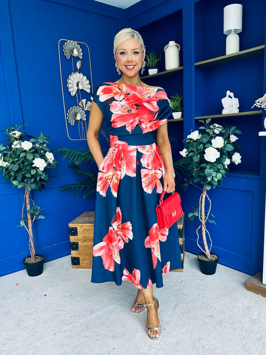 Breffy Asymmetric Neckline Skater Midi Floral Navy