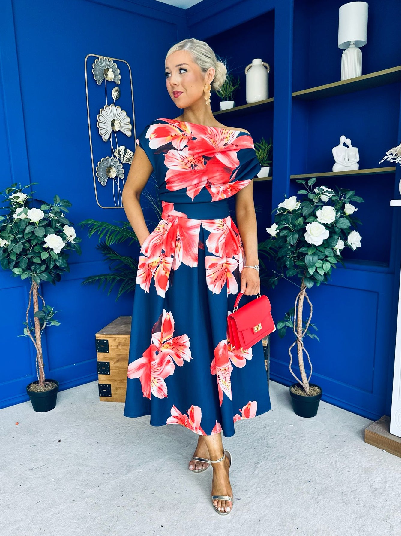 Breffy Asymmetric Neckline Skater Midi Floral Navy