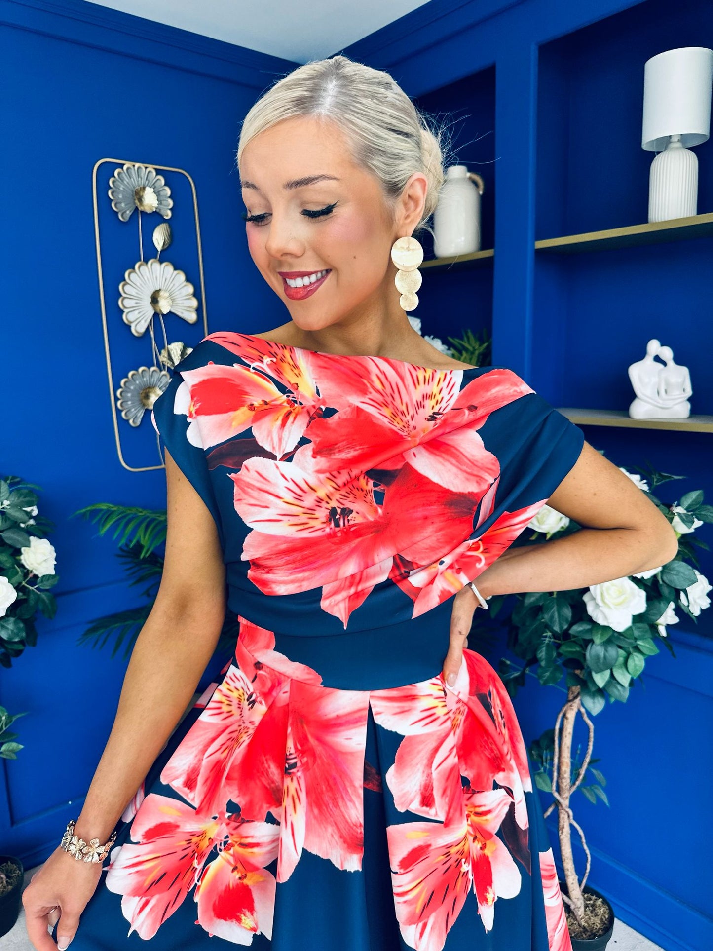 Breffy Asymmetric Neckline Skater Midi Floral Navy
