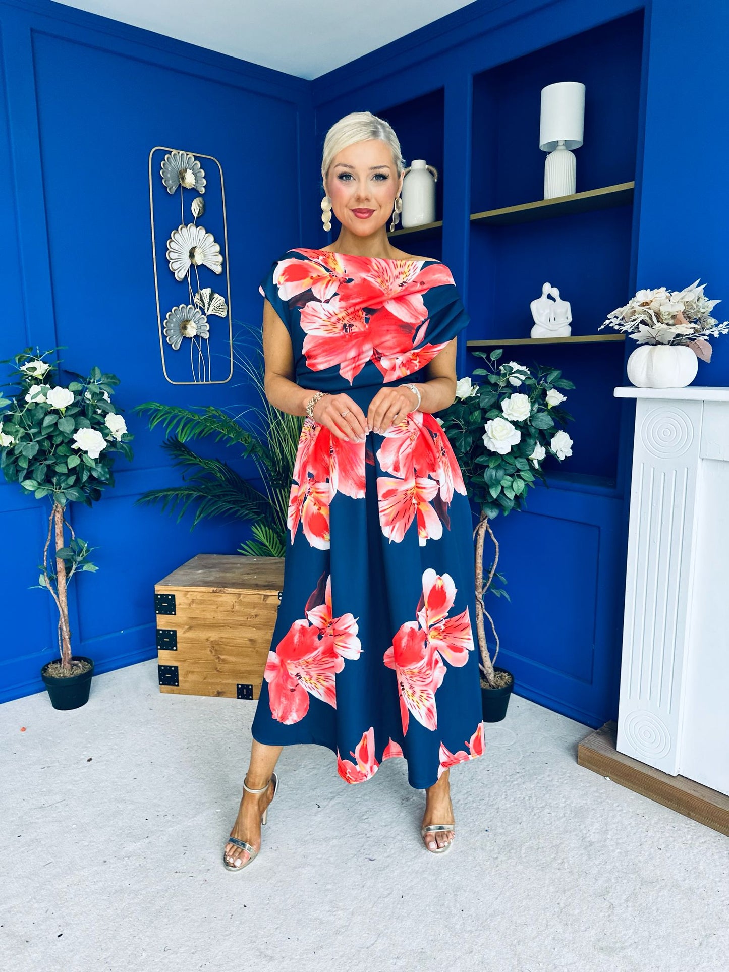 Breffy Asymmetric Neckline Skater Midi Floral Navy