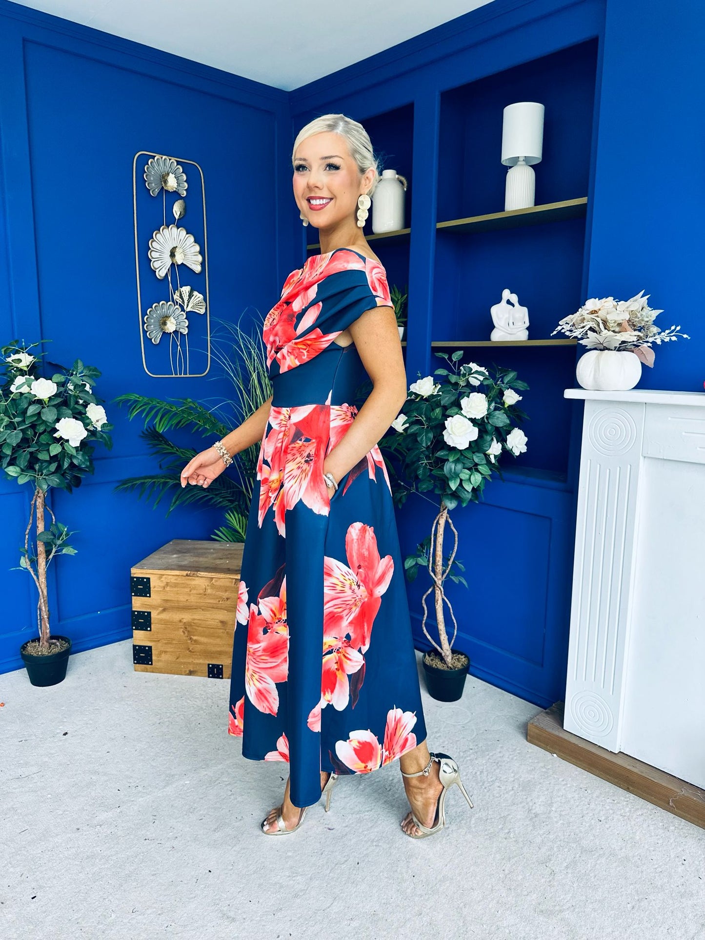 Breffy Asymmetric Neckline Skater Midi Floral Navy