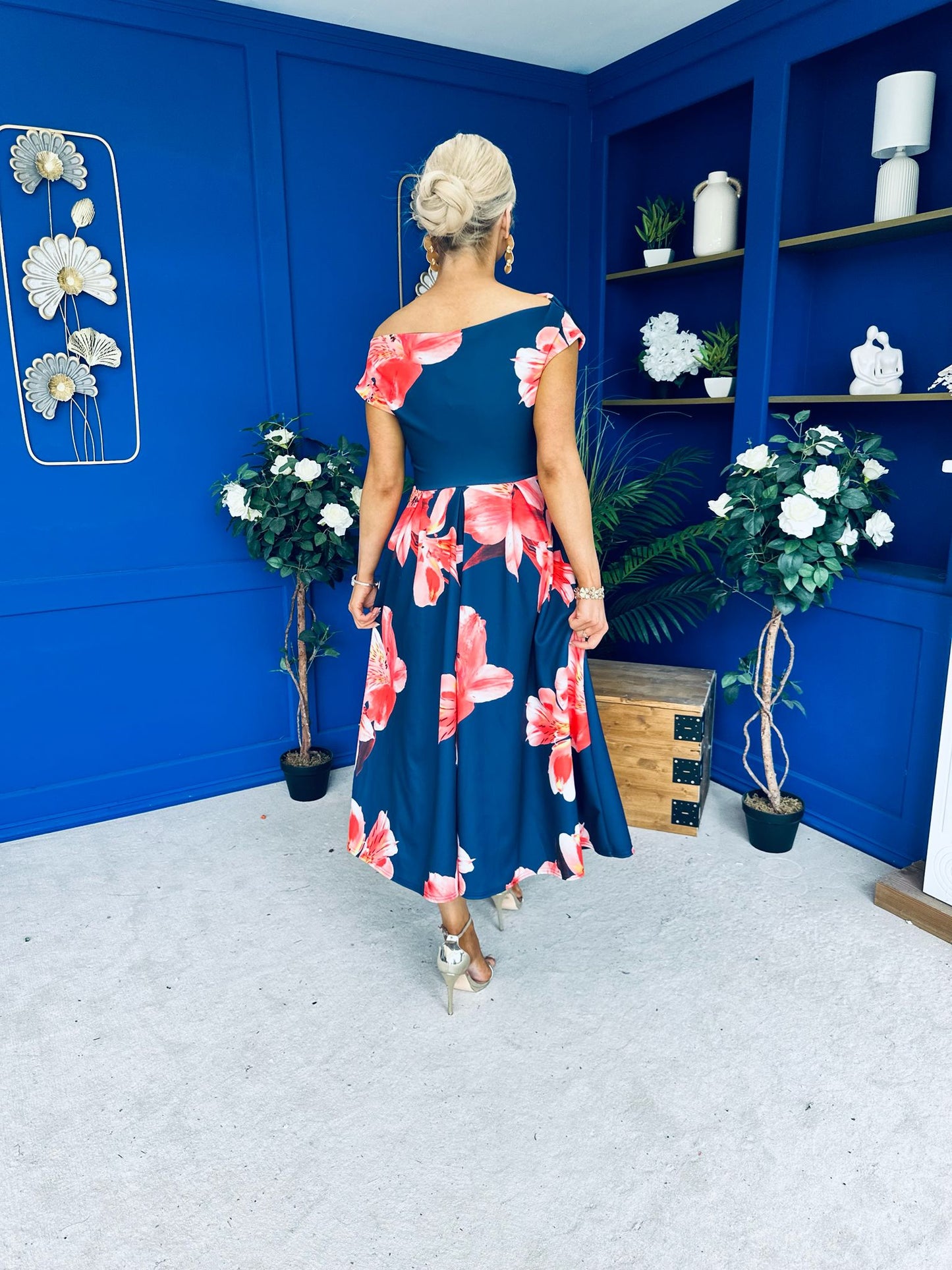 Breffy Asymmetric Neckline Skater Midi Floral Navy