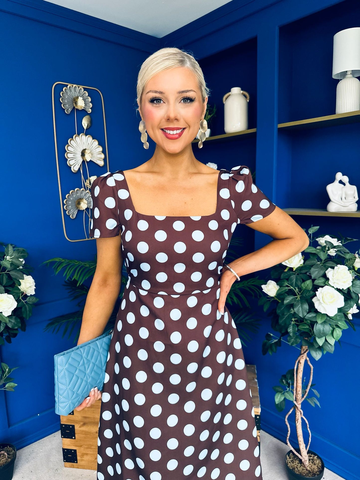 Alba Split Sleeve Midi Dress Blue Polka Coco