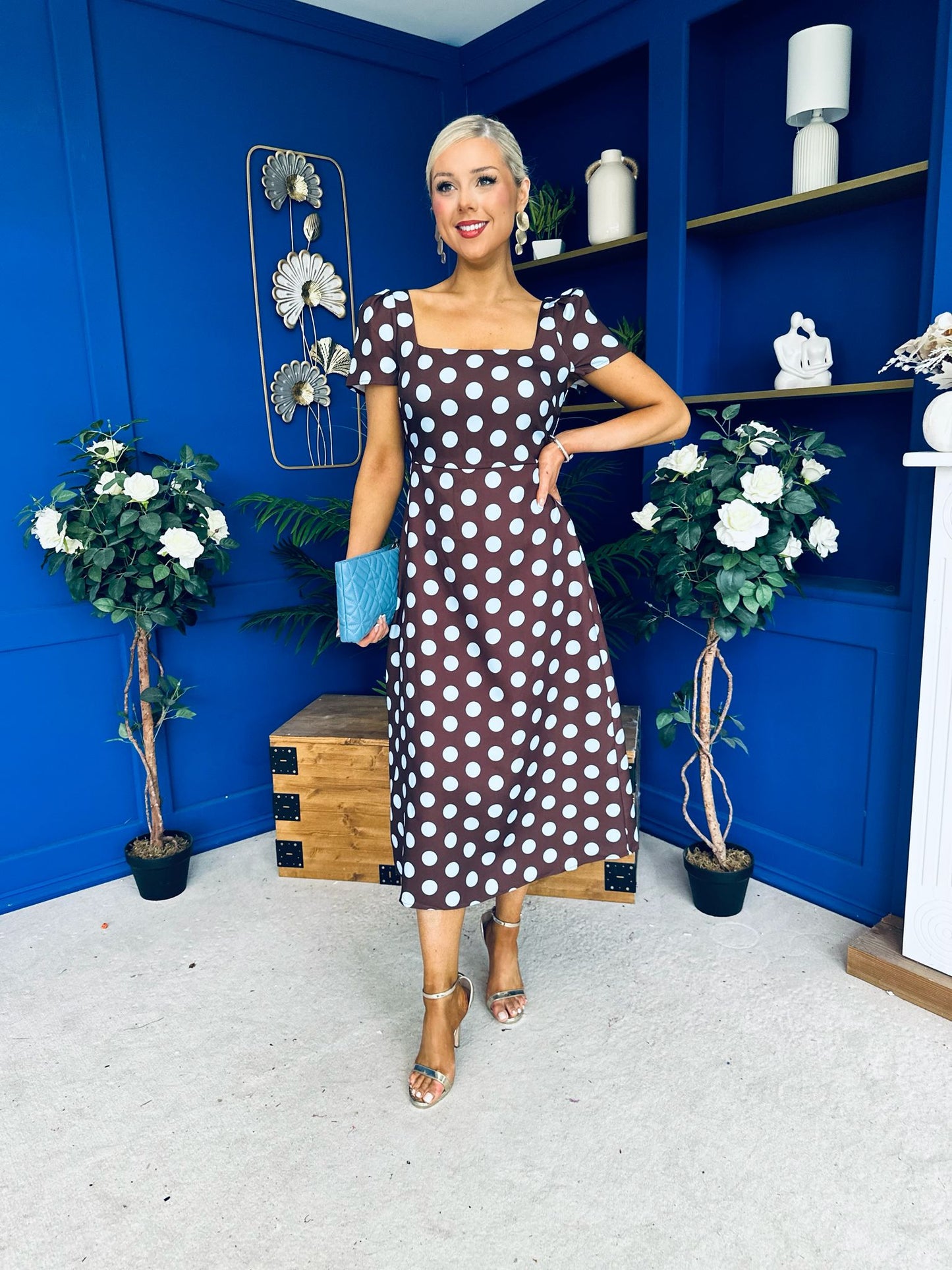 Alba Split Sleeve Midi Dress Blue Polka Coco