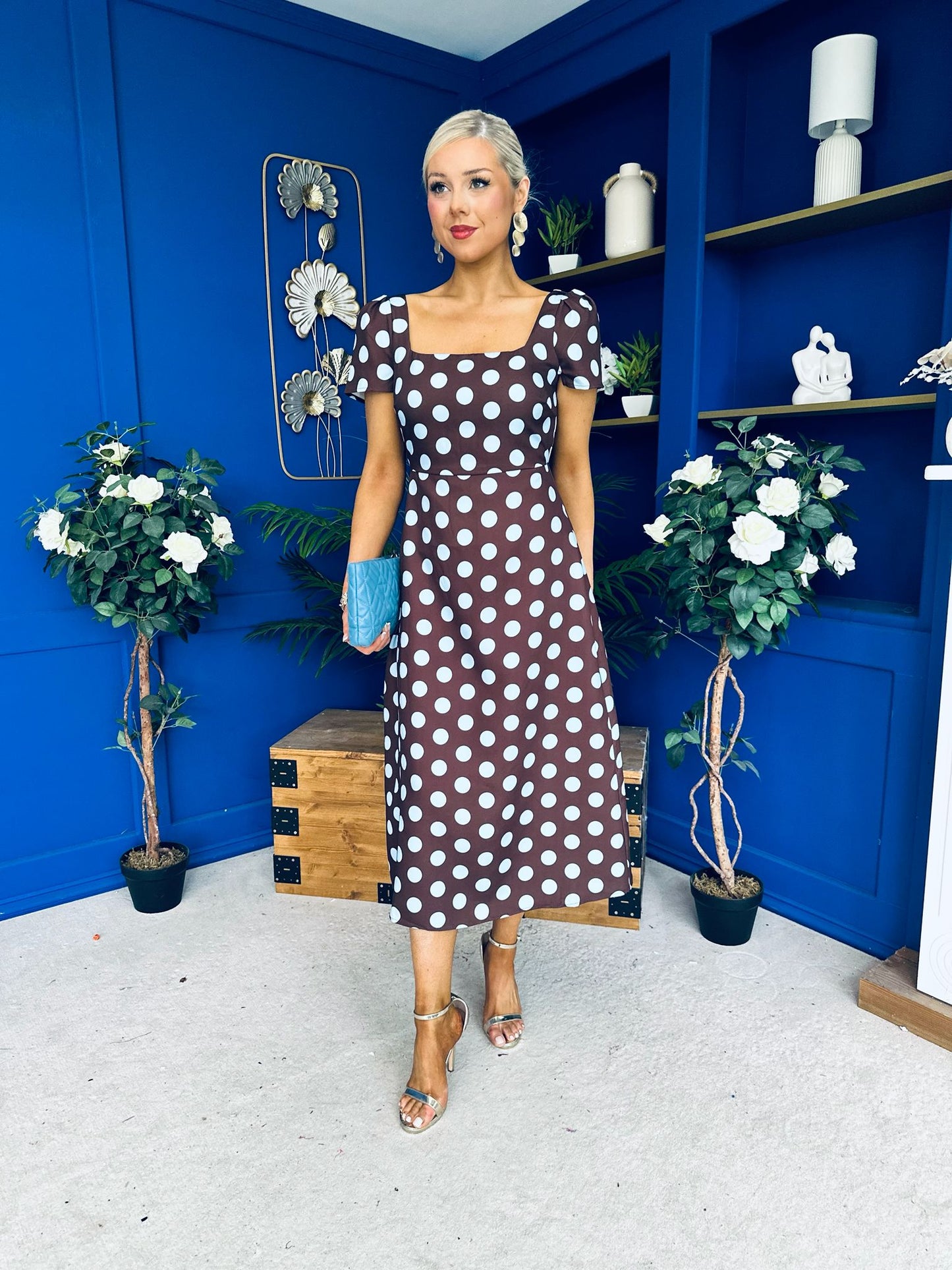 Alba Split Sleeve Midi Dress Blue Polka Coco