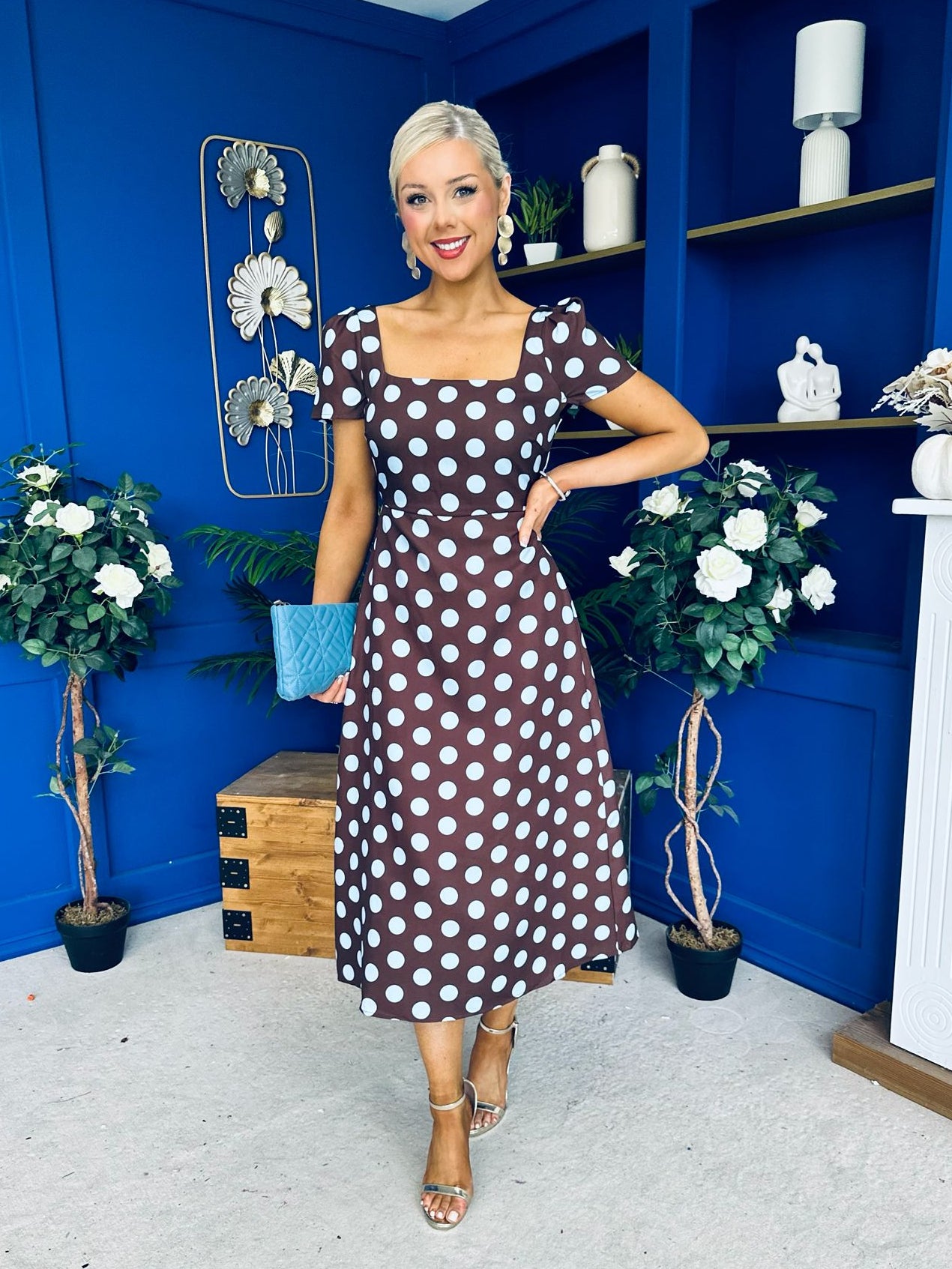 Alba Split Sleeve Midi Dress Blue Polka Coco