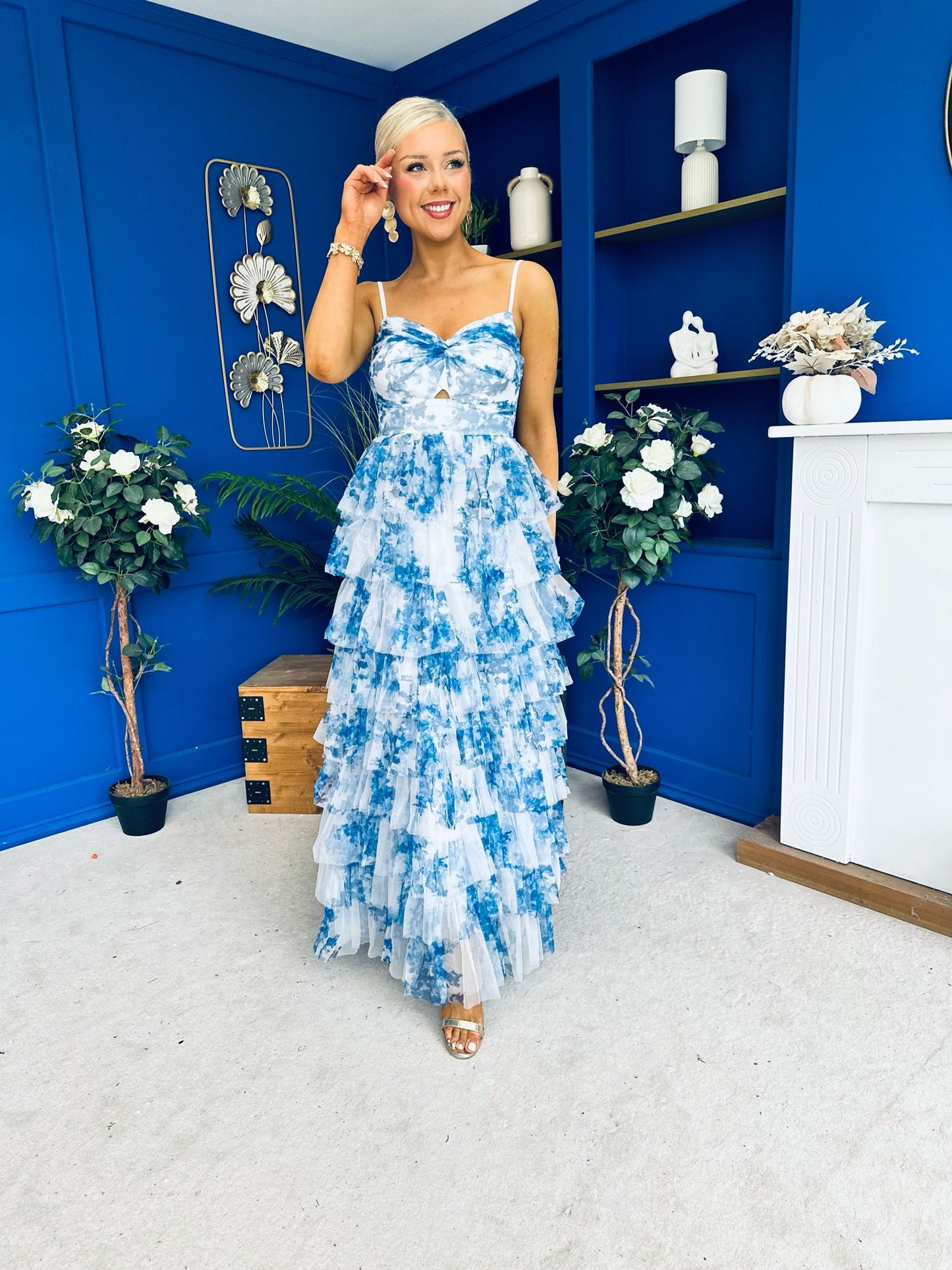 Rochelle Layered Occasion Dress Floral Blue