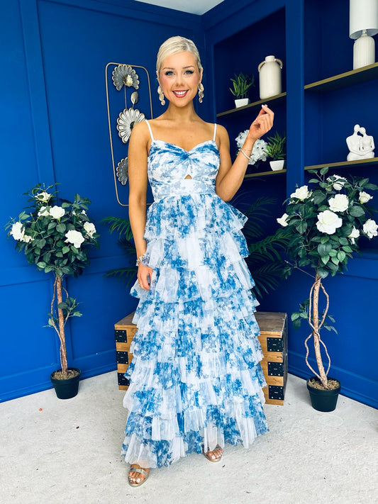 Rochelle Layered Occasion Dress Floral Blue