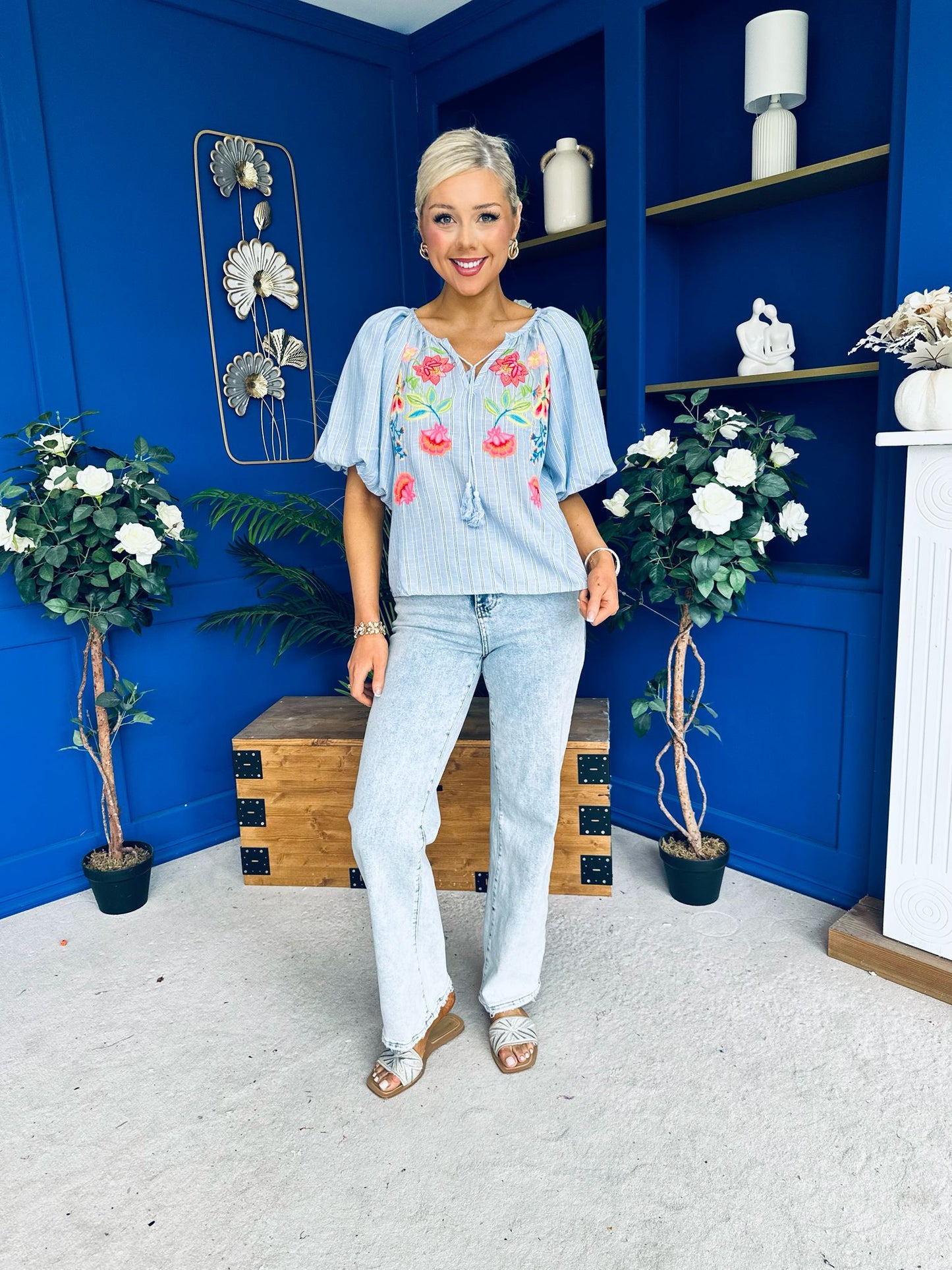 Ruairi Embroidered Detail Top Blue