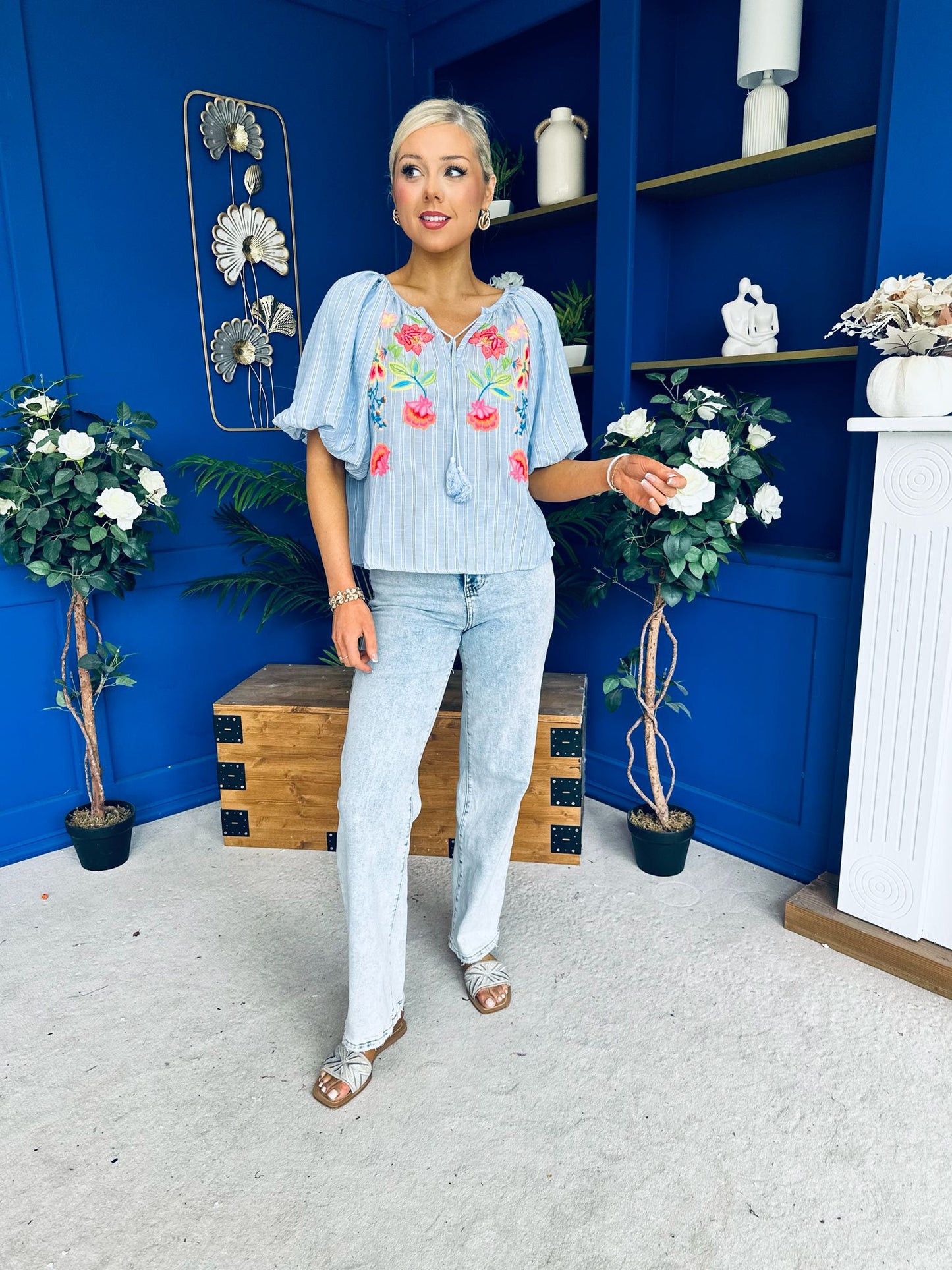 Ruairi Embroidered Detail Top Blue