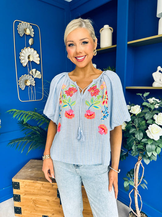 Ruairi Embroidered Detail Top Blue