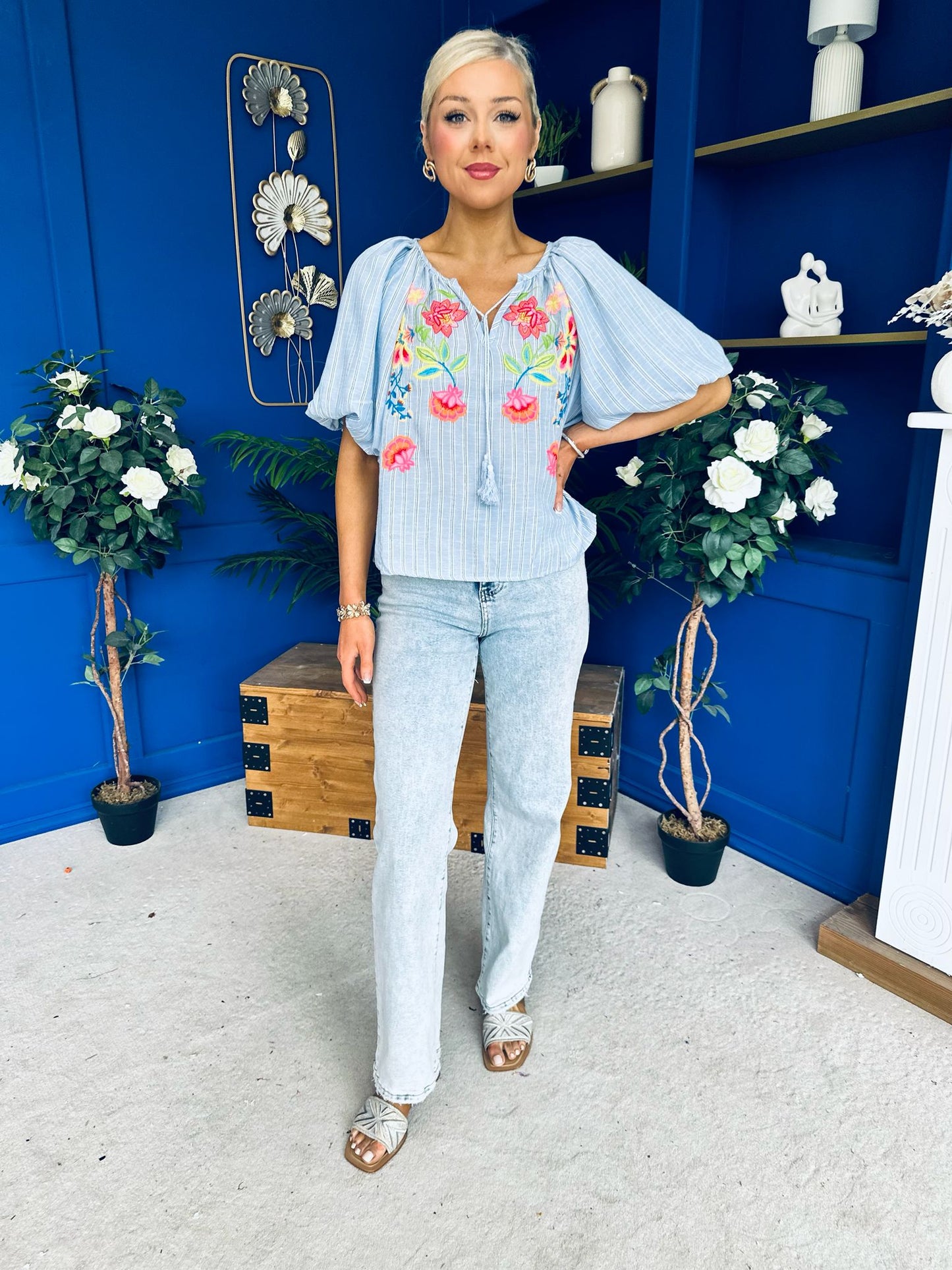 Ruairi Embroidered Detail Top Blue