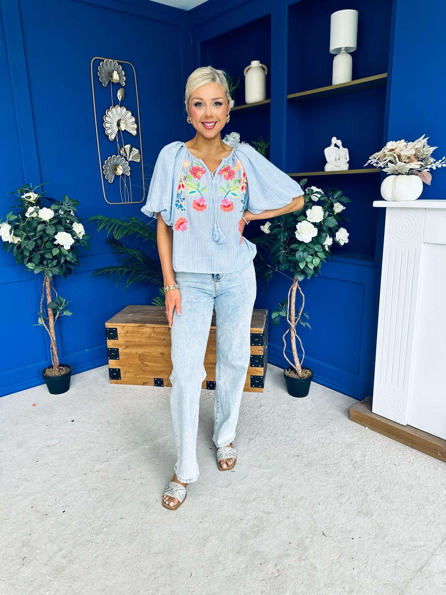 Ruairi Embroidered Detail Top Blue