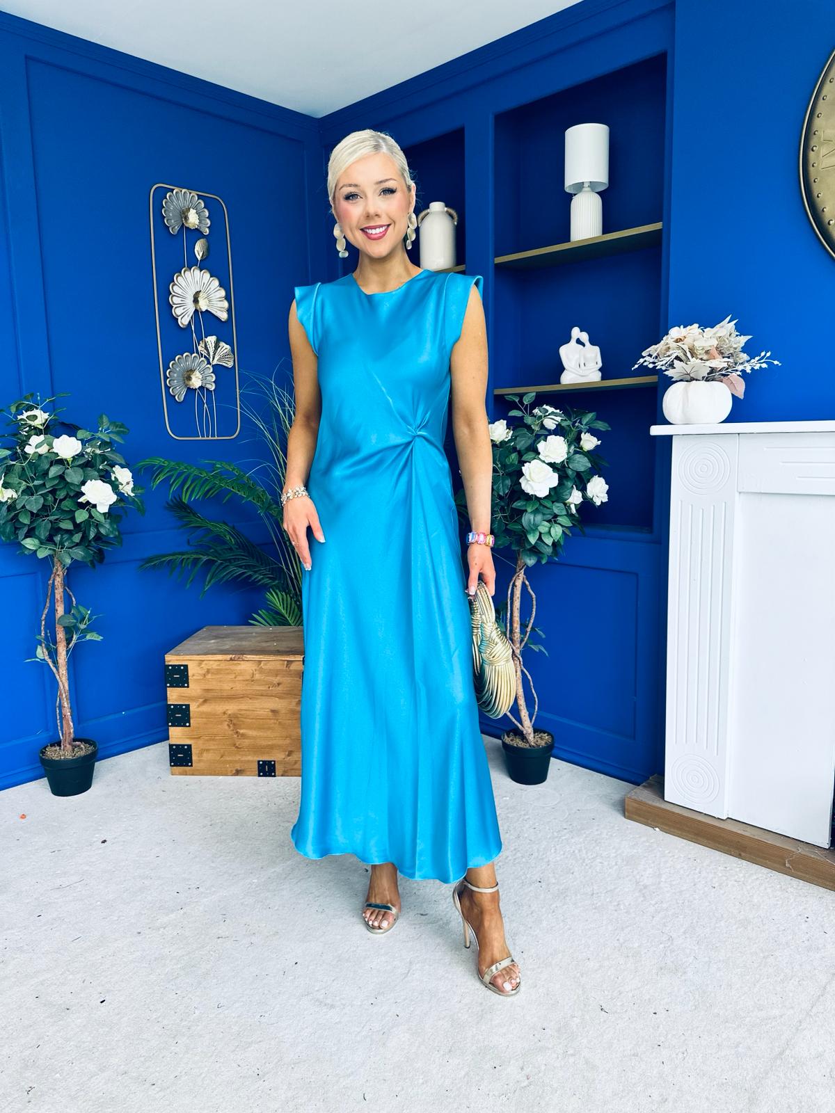 Penny Twist Detailed Midi Satin Dress Cyan Blue