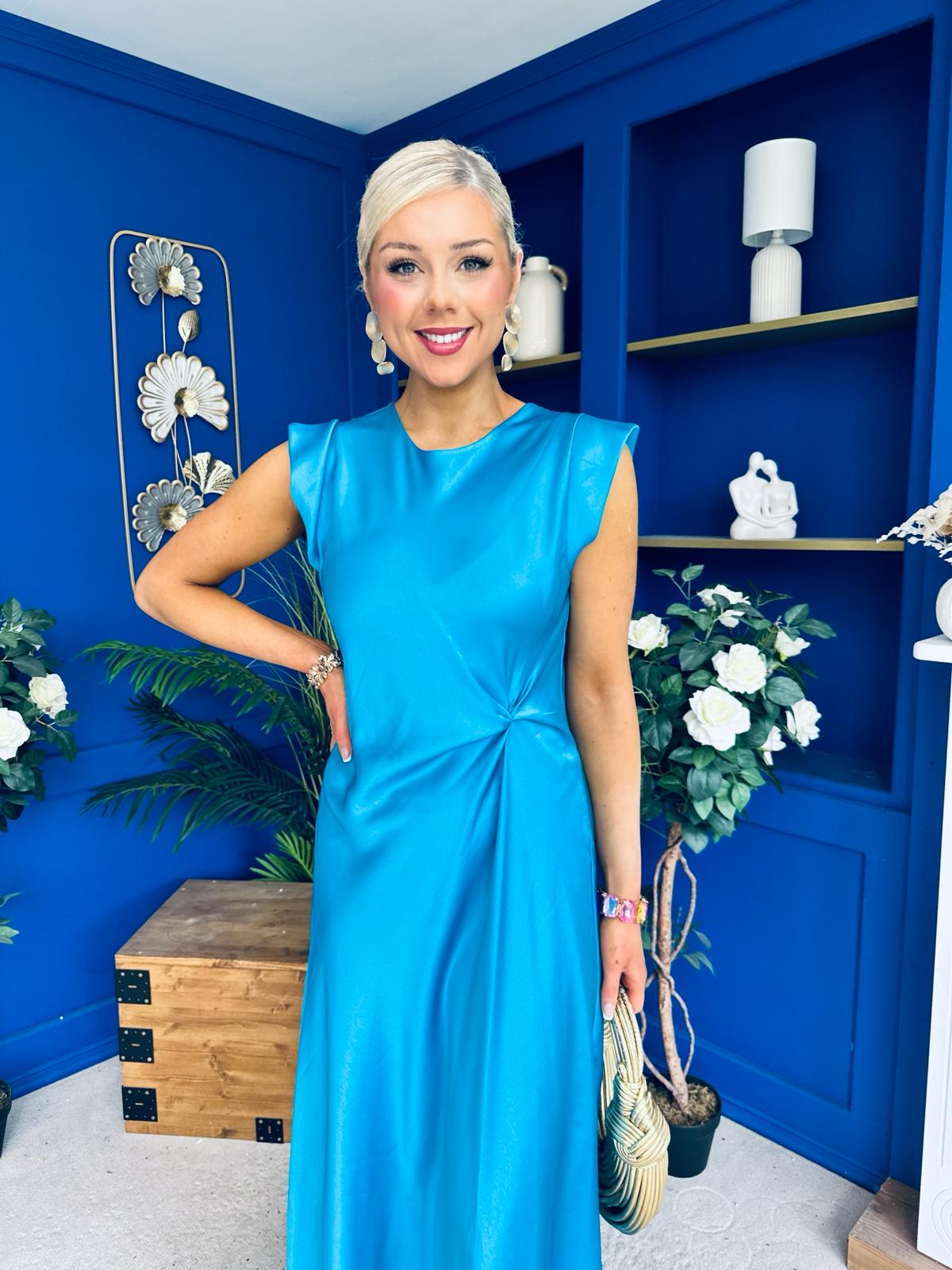 Penny Twist Detailed Midi Satin Dress Cyan Blue