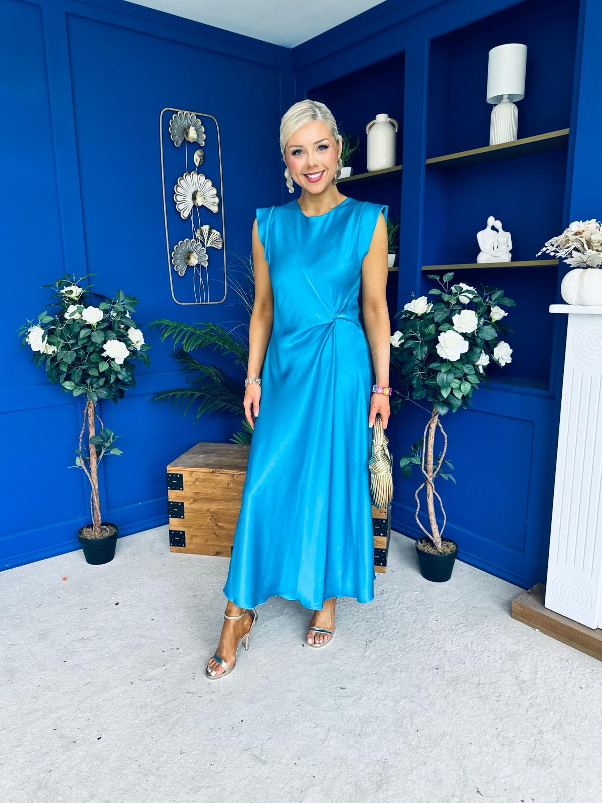 Penny Twist Detailed Midi Satin Dress Cyan Blue