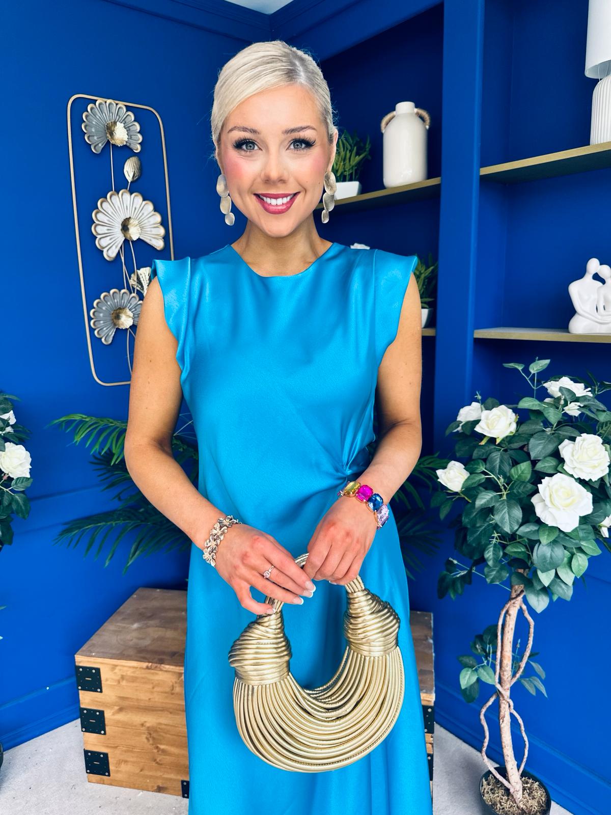 Penny Twist Detailed Midi Satin Dress Cyan Blue