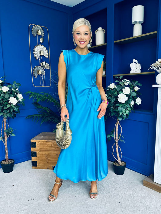 Penny Twist Detailed Midi Satin Dress Cyan Blue