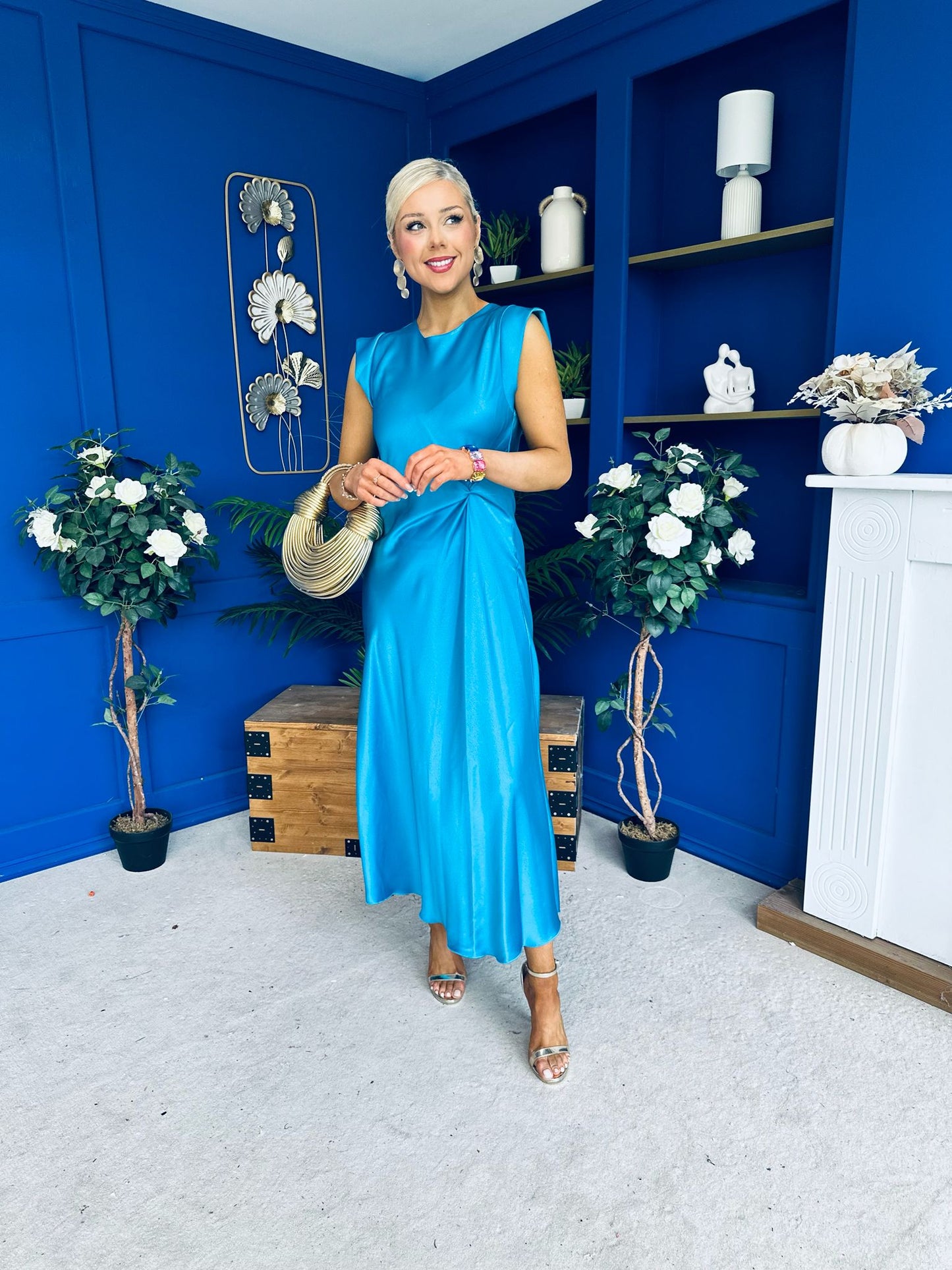 Penny Twist Detailed Midi Satin Dress Cyan Blue