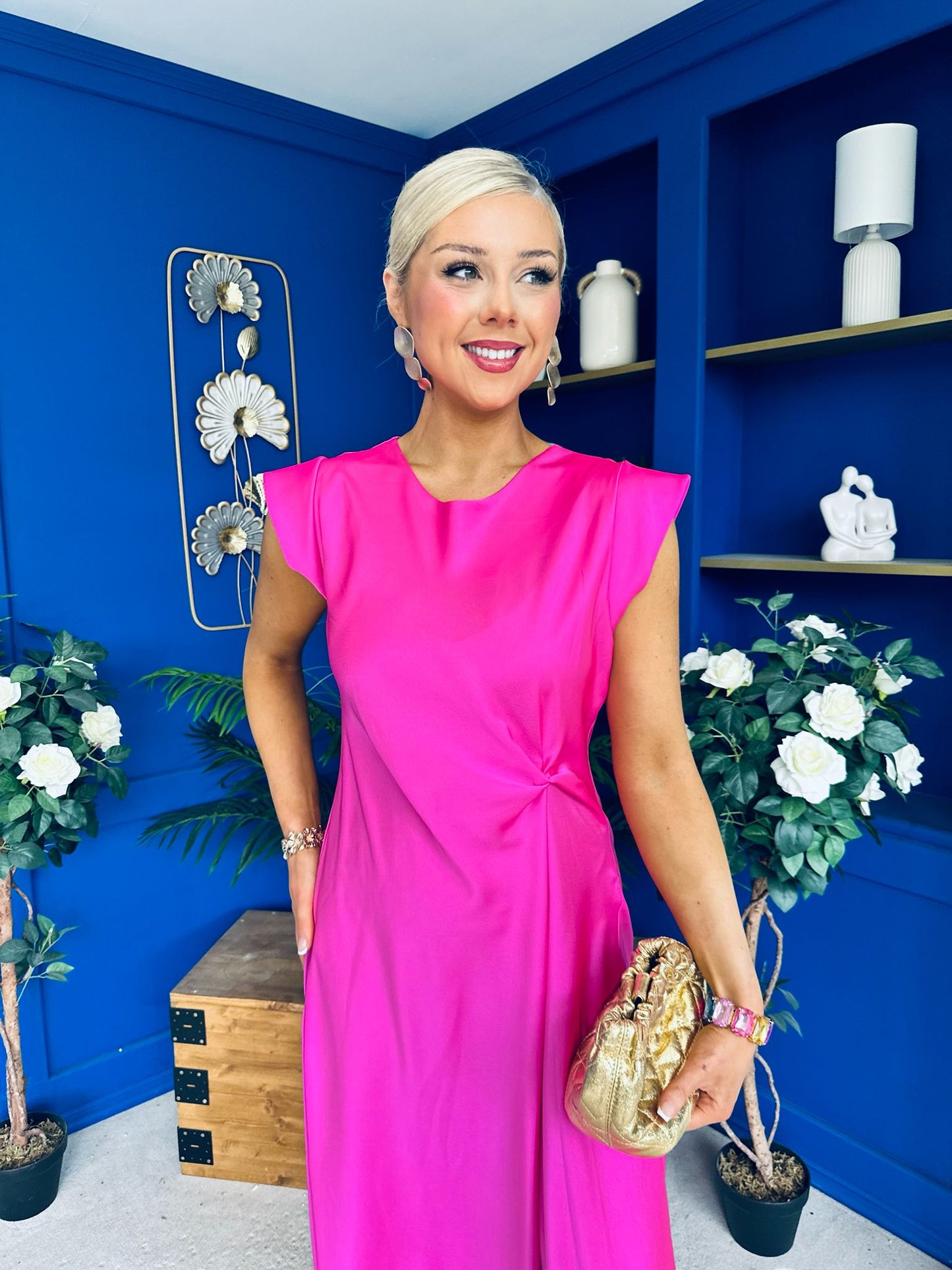 Penny Twist Detailed Midi Satin Dress Cerise Pink