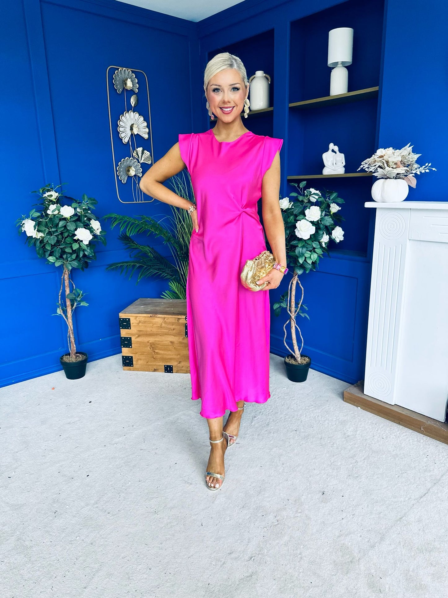 Penny Twist Detailed Midi Satin Dress Cerise Pink