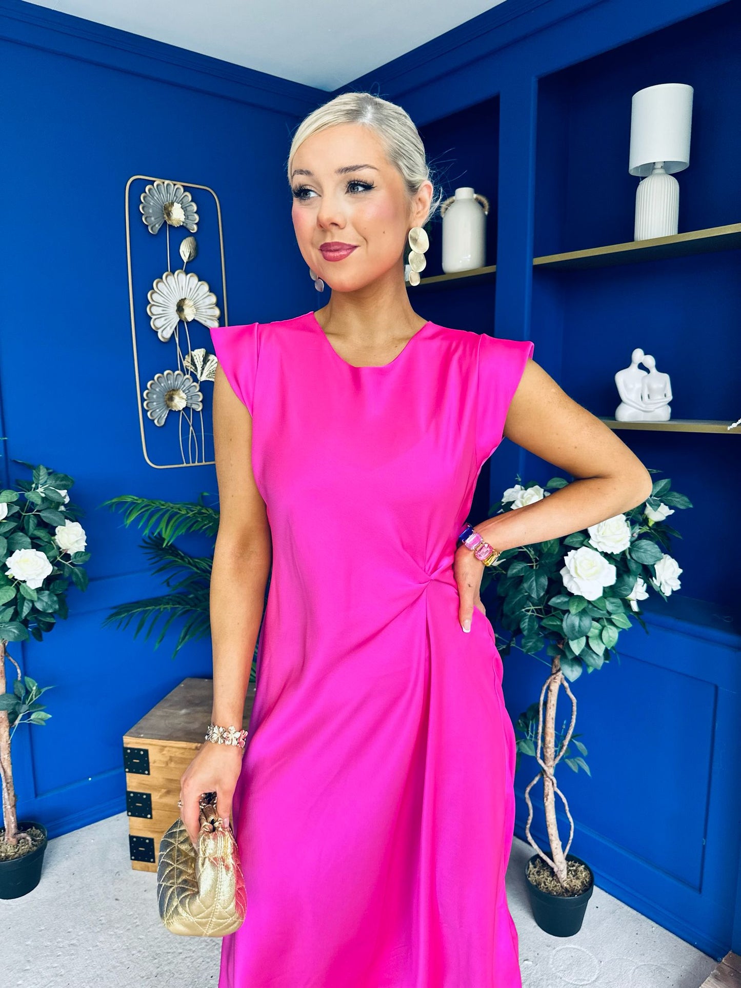 Penny Twist Detailed Midi Satin Dress Cerise Pink