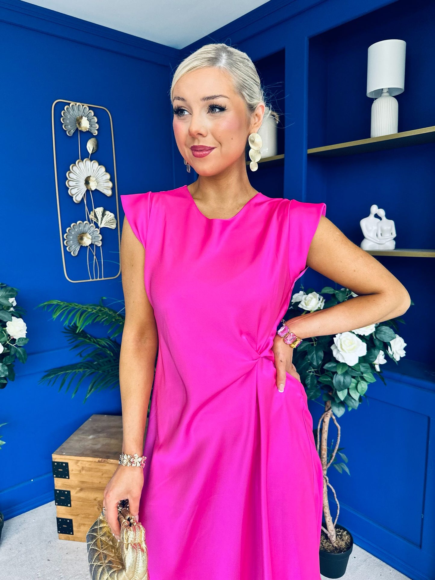 Penny Twist Detailed Midi Satin Dress Cerise Pink