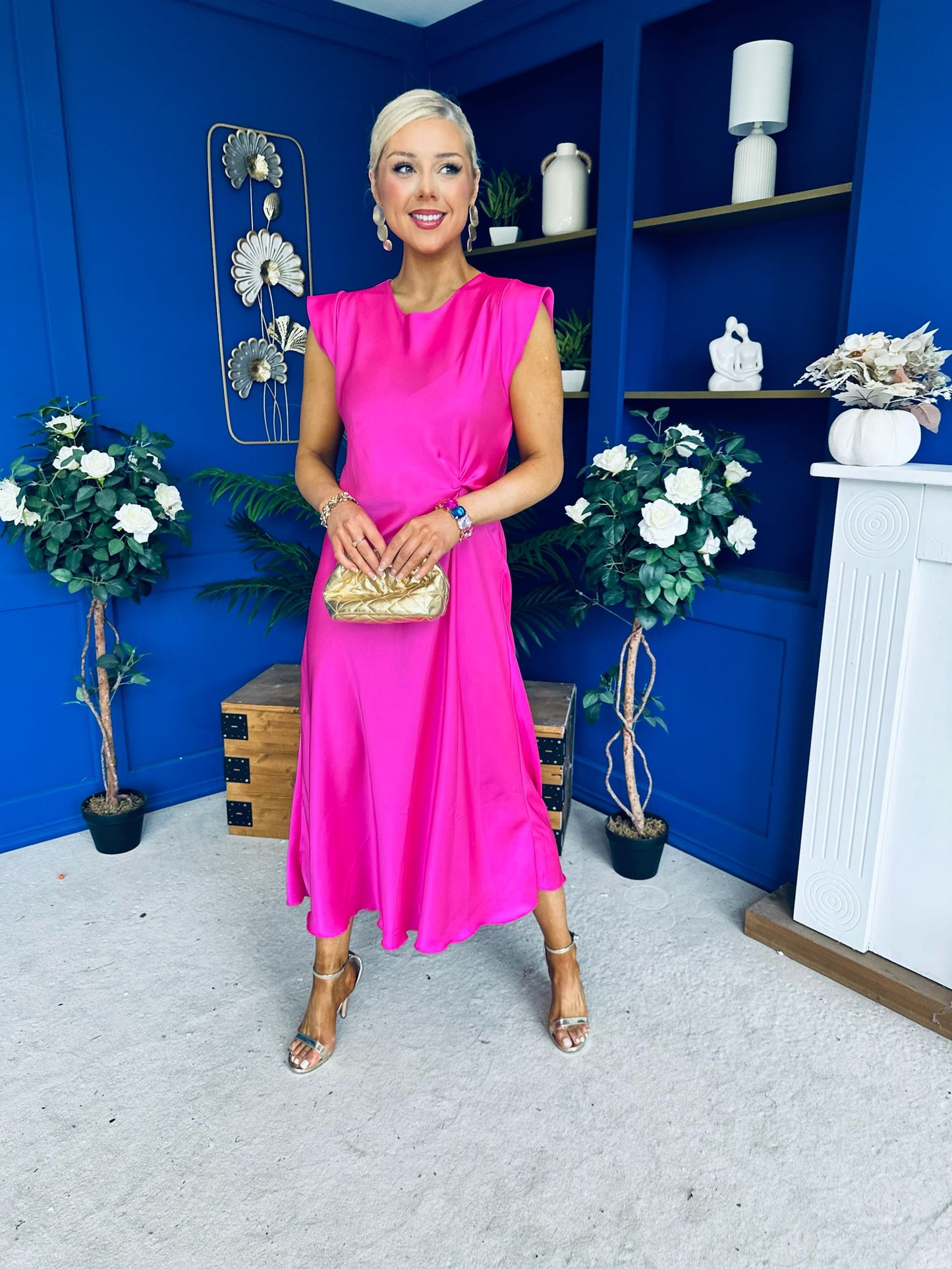 Penny Twist Detailed Midi Satin Dress Cerise Pink