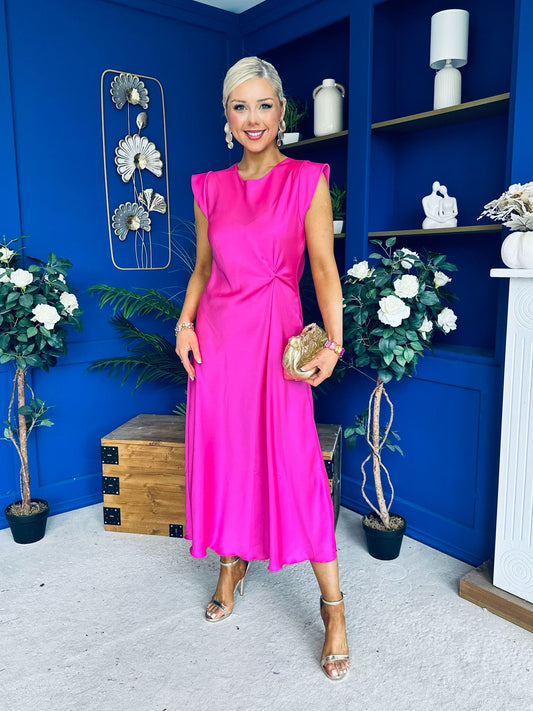 Penny Twist Detailed Midi Satin Dress Cerise Pink