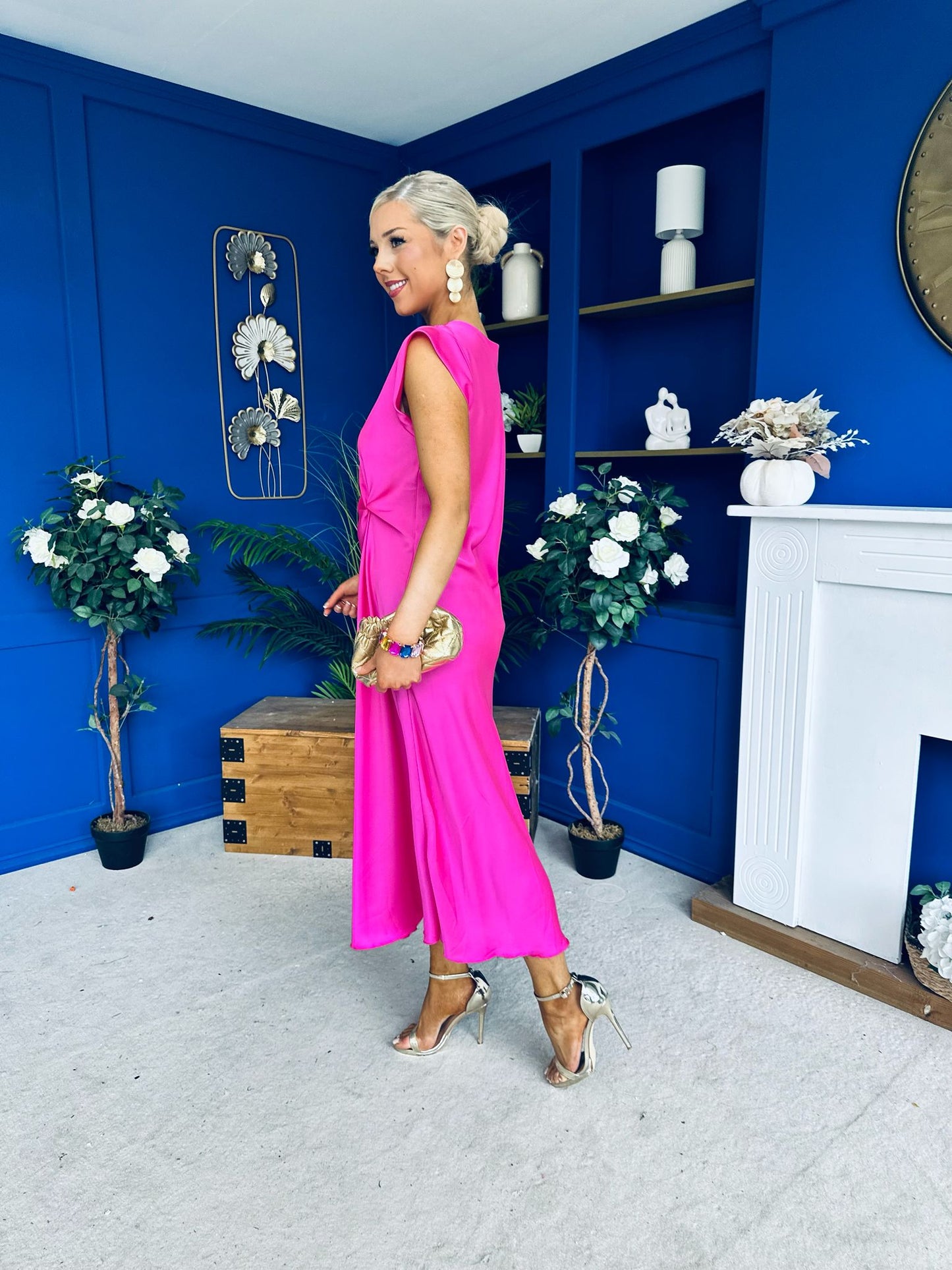 Penny Twist Detailed Midi Satin Dress Cerise Pink