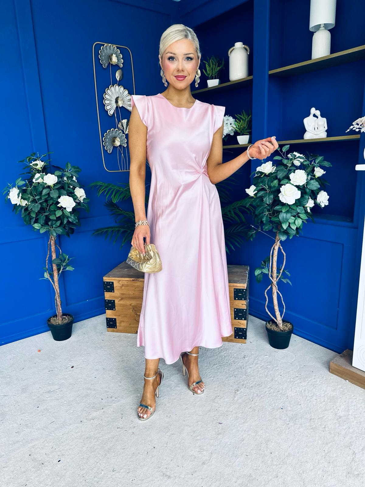 Penny Twist Detailed Midi Satin Dress Blush