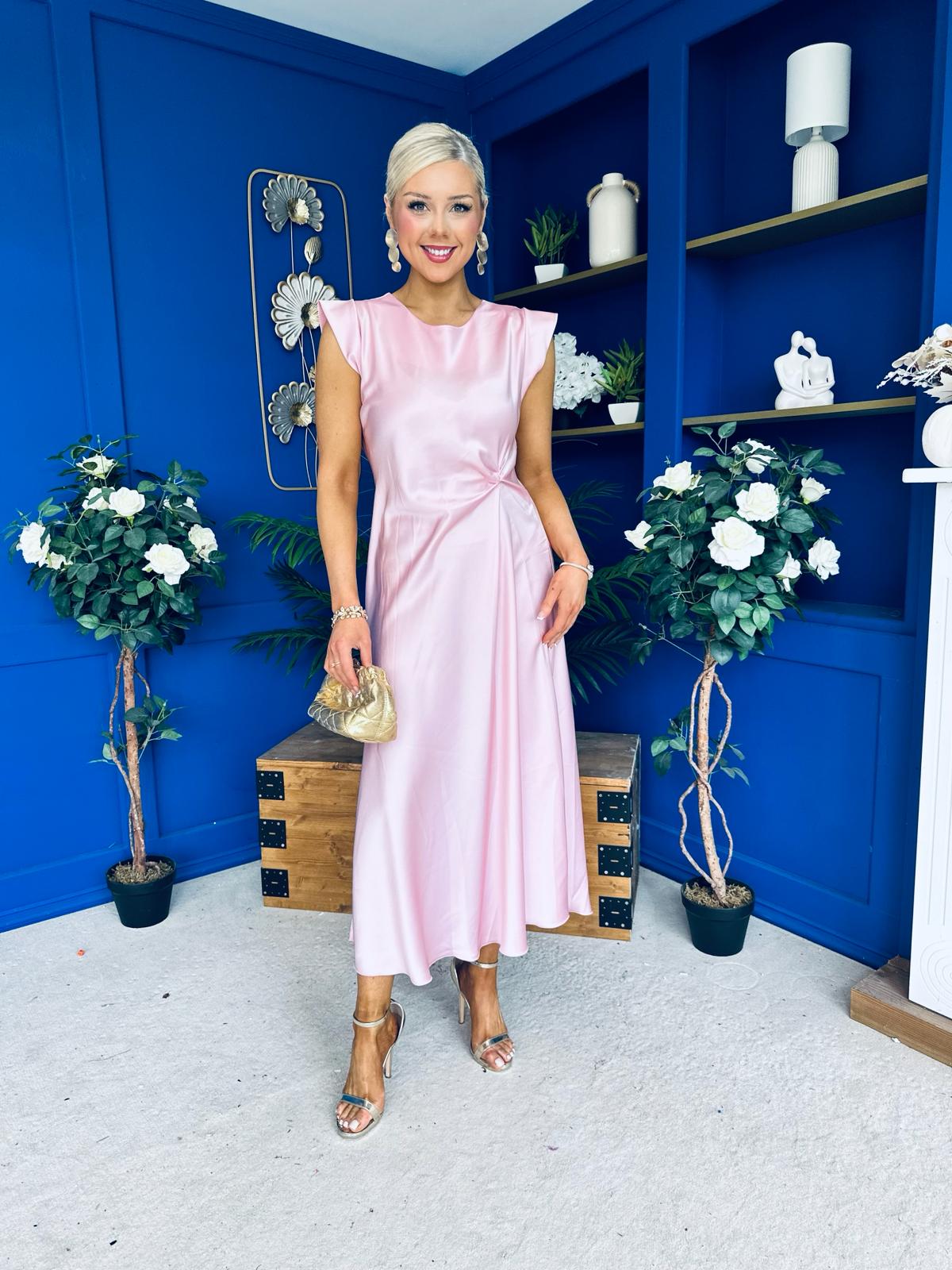 Penny Twist Detailed Midi Satin Dress Blush